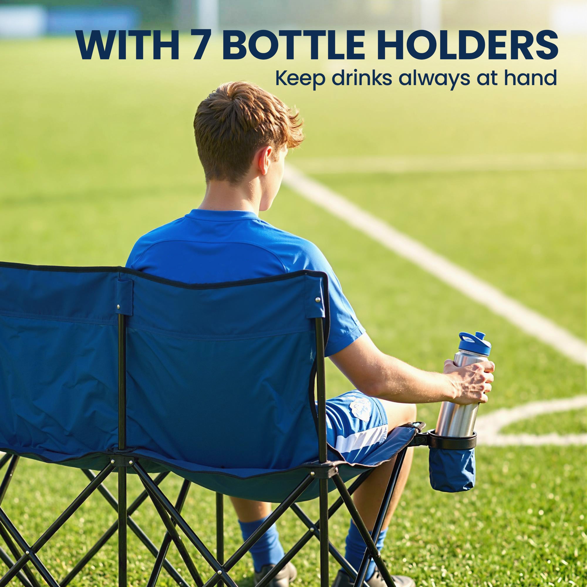 Outsunny 6 Seater Folding Bench, Outdoor Camping Chair Portable Sports Spectator Chair with Steel Frame, Cup Holder & Carry Bag, Blue