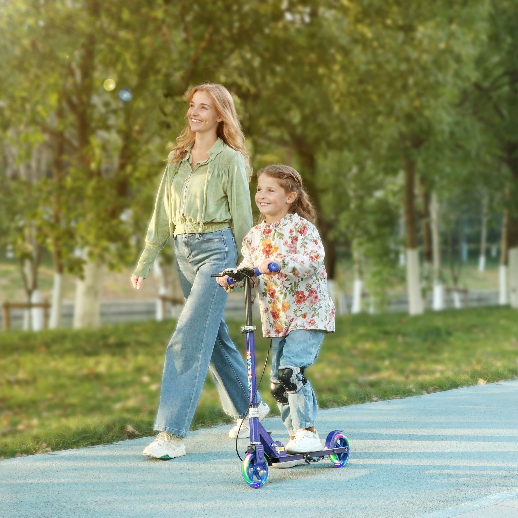 AIYAPLAY Scooter for Kids Ages 3-8 with Adjustable Handle, 2 Light up Wheels, Handbrake & Rear Brake for Girls and Boys, Blue - North Peak Garden Furniture
