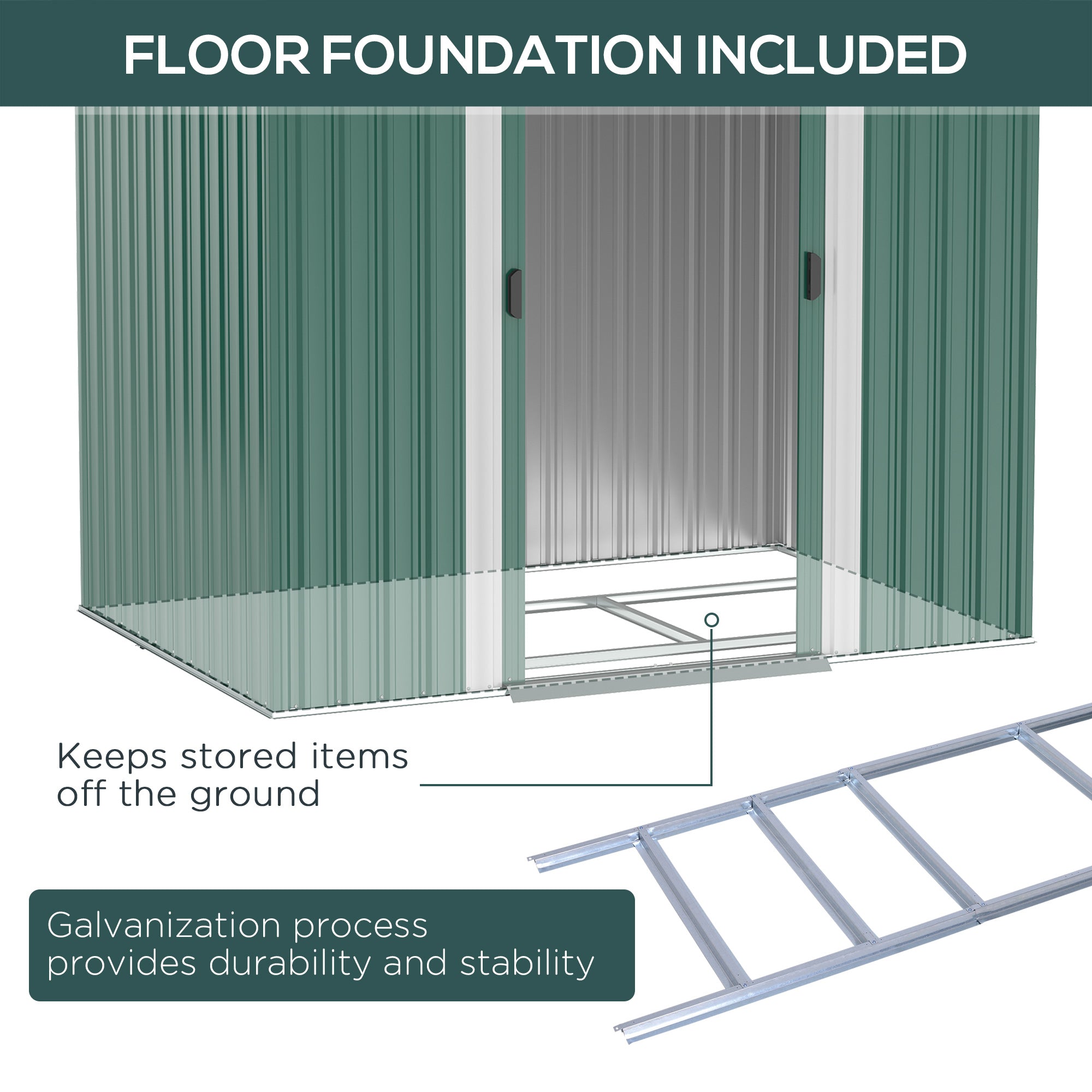 Outsunny 7 x 4ft Outdoor Storage Shed with Foundation Kit, Lean to Metal Garden Shed for Log, Rubbish Bin, Tool, Lawnmower, Bike, Patio and Lawn Use, Green - North Peak Garden Furniture