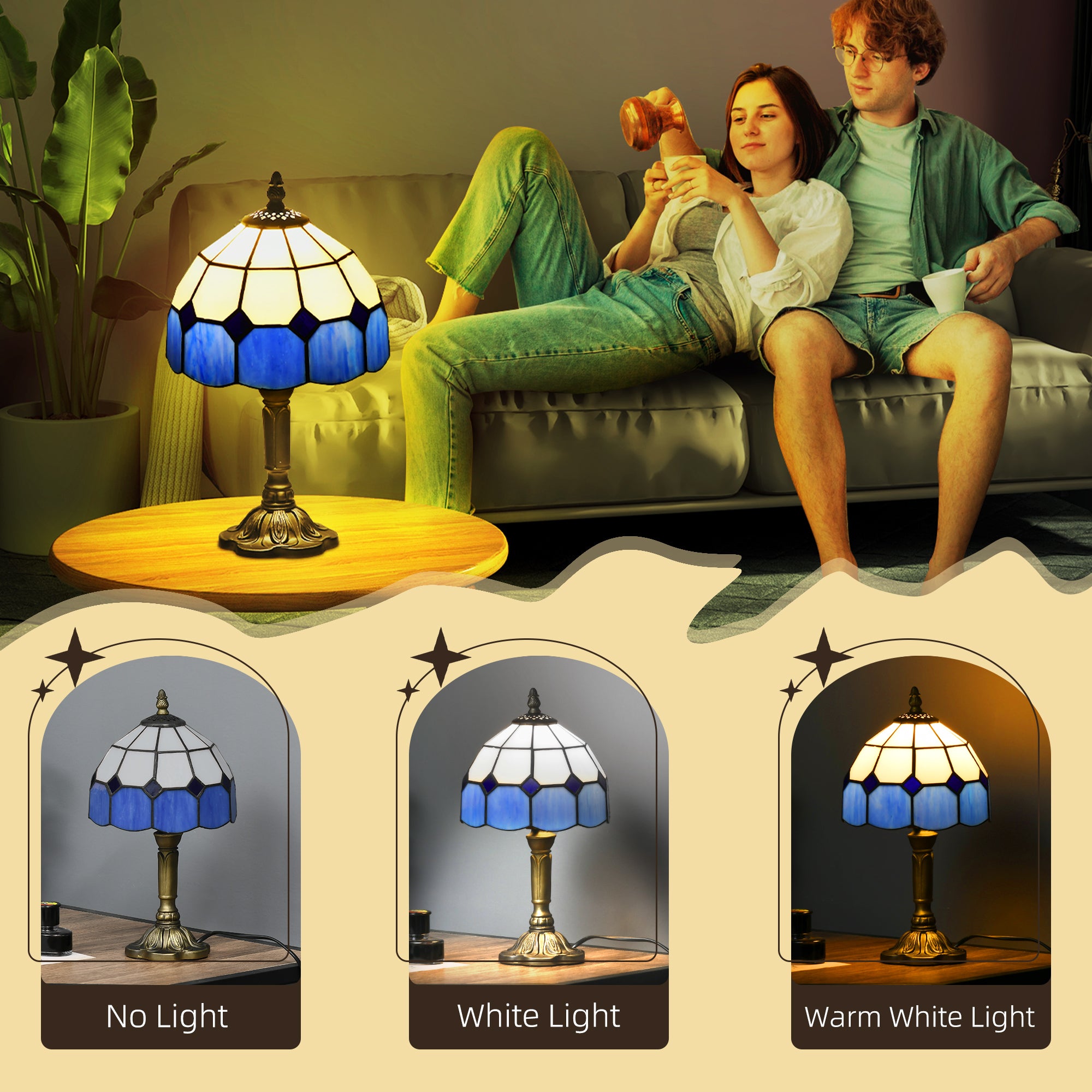 HOMCOM Handmade Stained Glass Table Lamp, Antique Bedside Lamp for Bedroom, Living room, Home, Nightstand, Decorative Night Light, Blue - North Peak Garden Furniture
