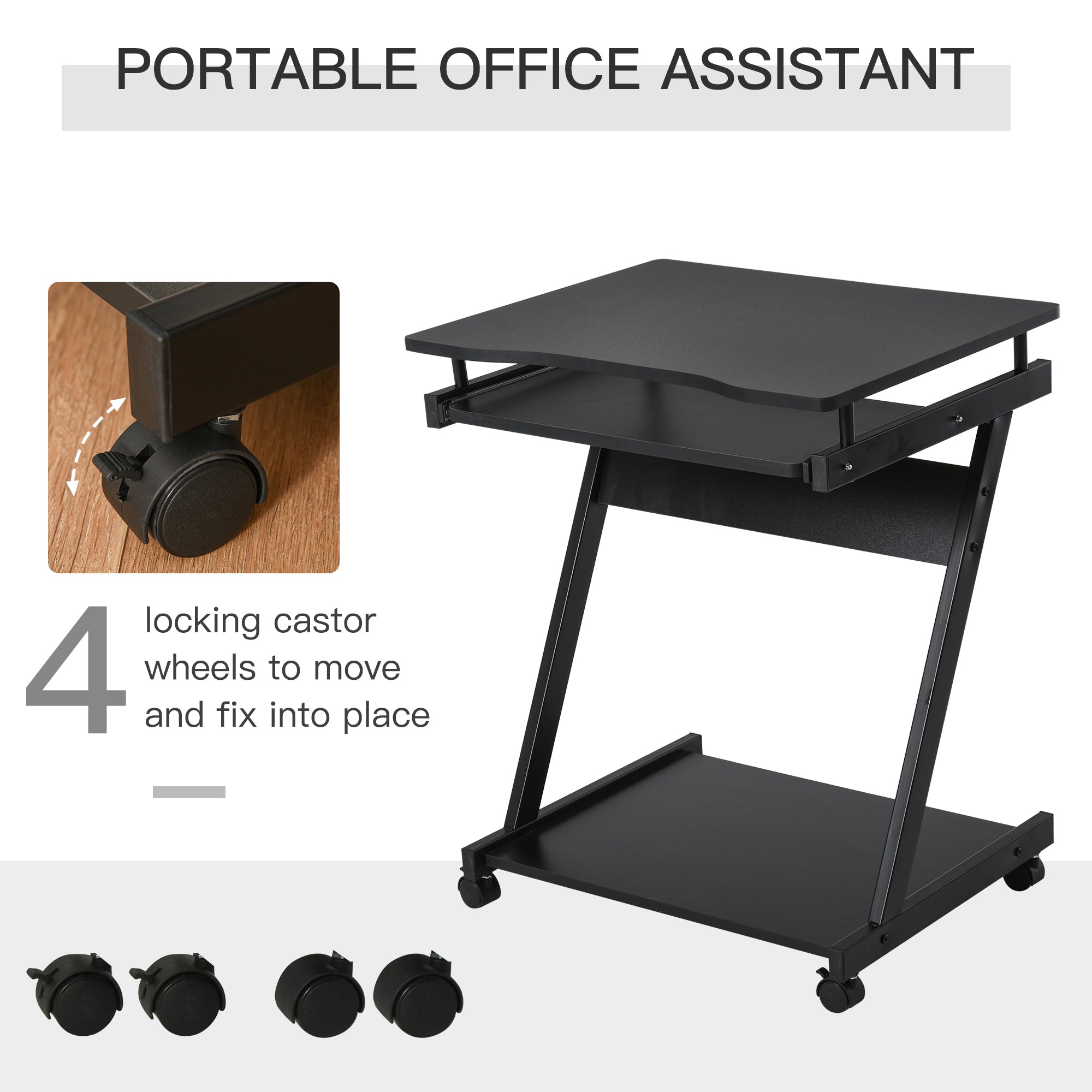 HOMCOM Movable Computer Desk with 4 Moving Wheels Sliding Keyboard Tray Home Office Workstation Black - North Peak Garden Furniture