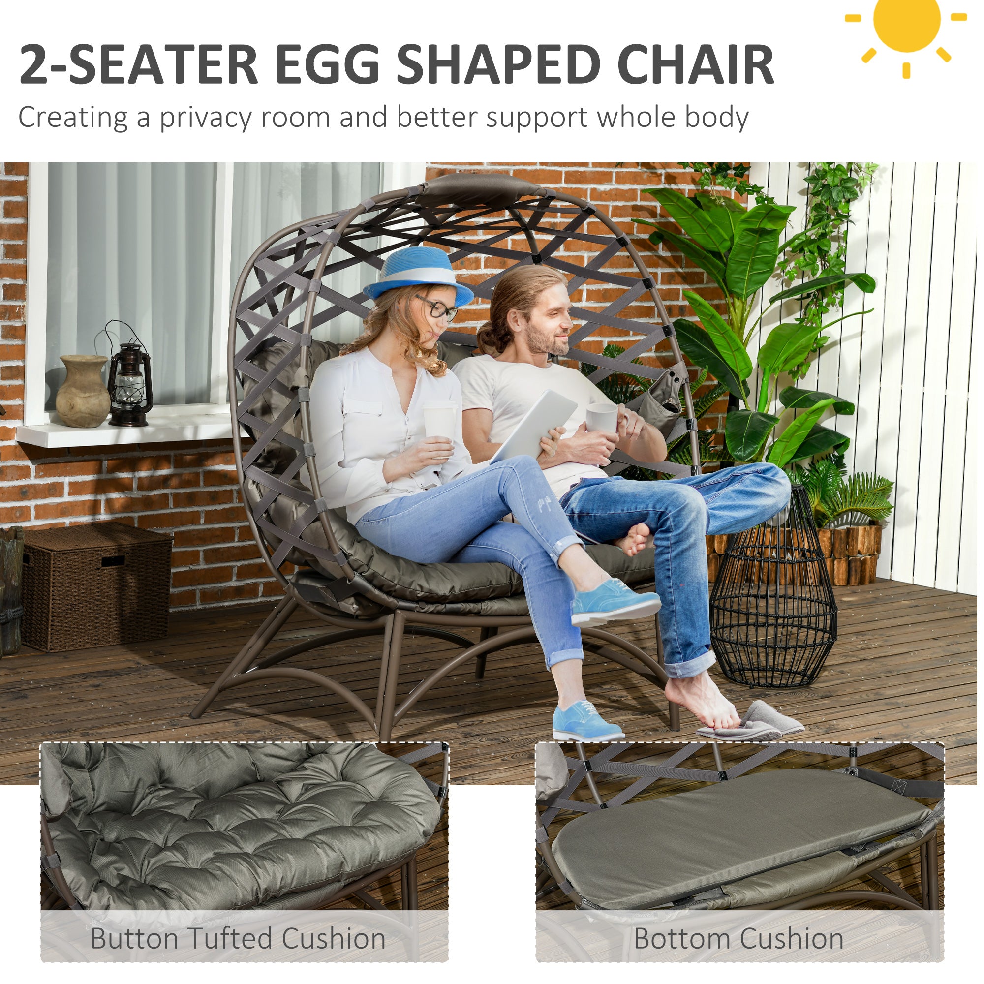 Outsunny 2 Seater Egg Chair Outdoor, Folding Weave Garden Furniture Chair with Cushion, Cup Pockets - Sand Brown - North Peak Garden Furniture