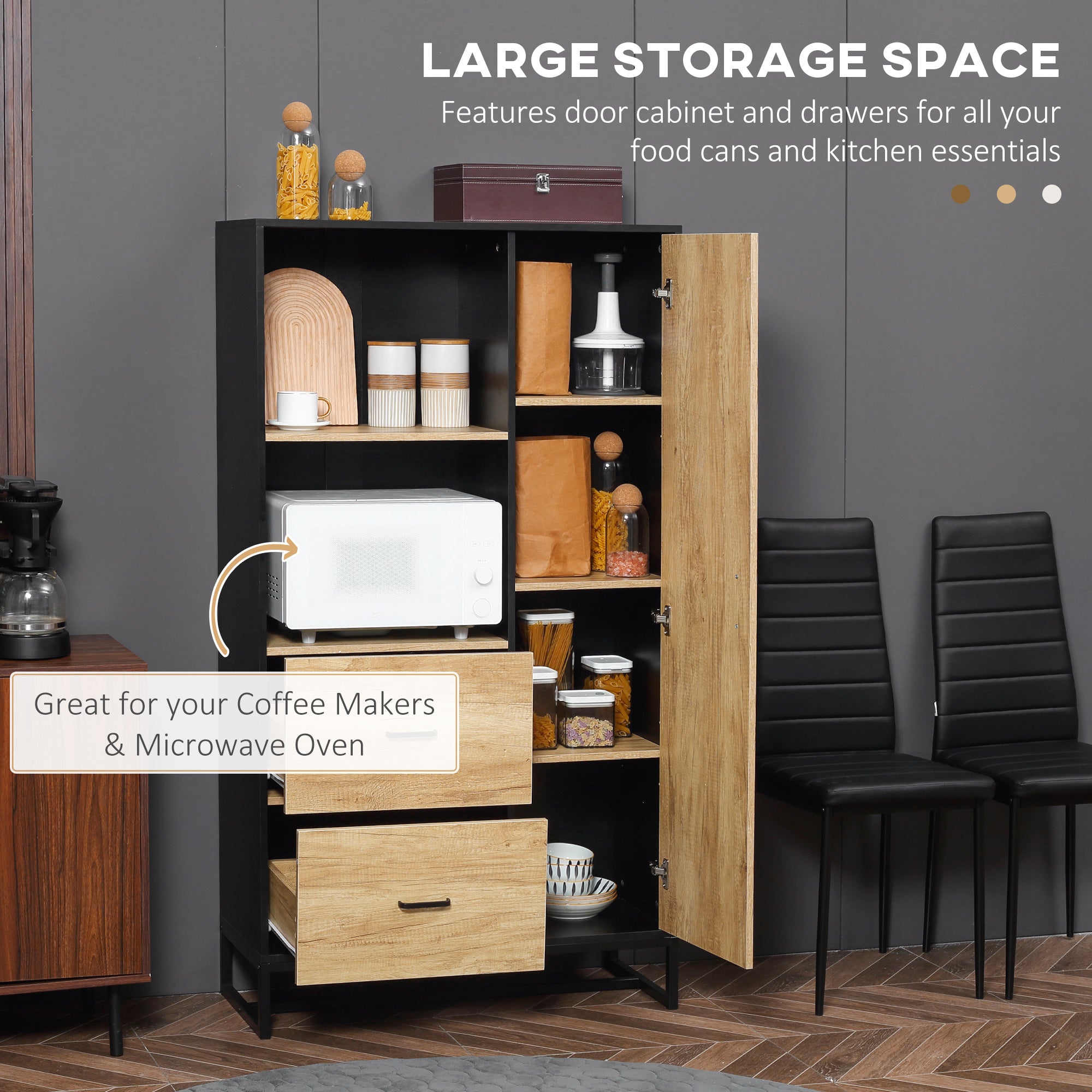 HOMCOM Kitchen Cupboard, Freestanding Storage Cabinet with Soft Close Door, Microwave Stand with Adjustable Shelves and Drawers, for Living Room, Dining Room, 160cm, Natural and Black - North Peak Garden Furniture