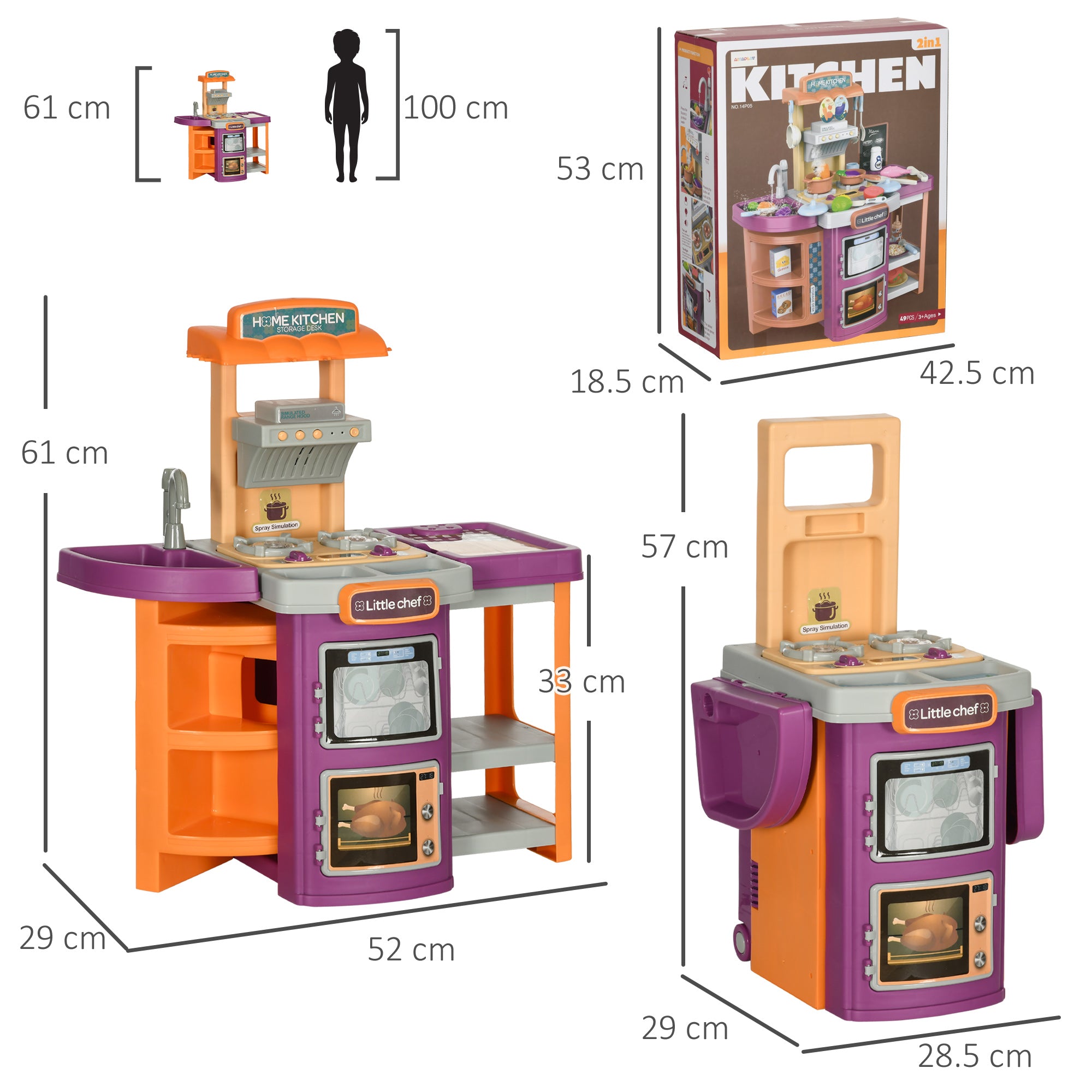 Aiyaplay Culinary Playset: Illuminated Kitchen Trolley with Realistic Sounds, Water Spritz & 49 Accessories for Budding Chefs, Multicoloured