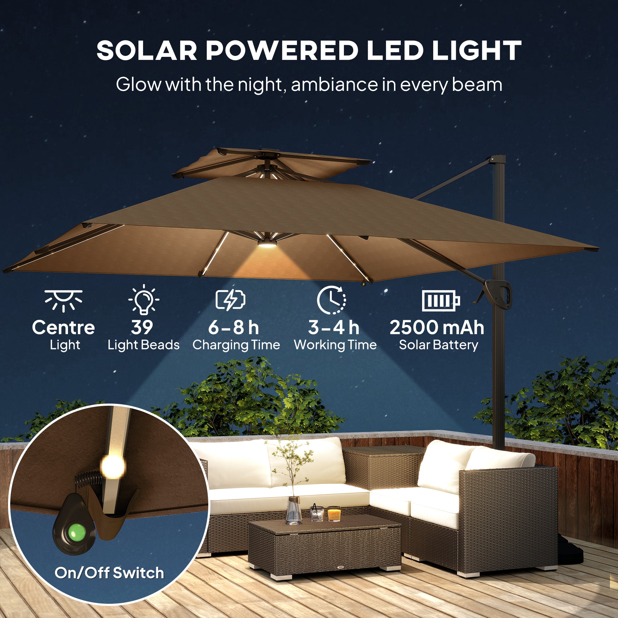 Outsunny Multi-Angle LED Light Parasol Umbrella - Khaki