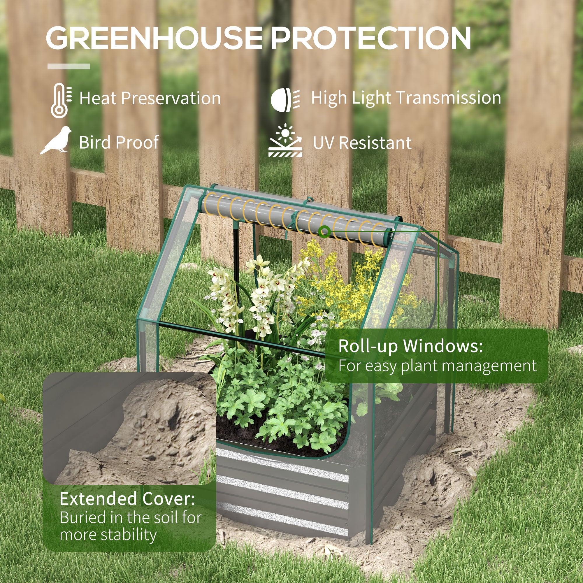Outsunny Metal Planter Box with Cover, Raised Garden Bed with Greenhouse, for Herbs and Vegetables, Clear and Dark Grey - North Peak Garden Furniture
