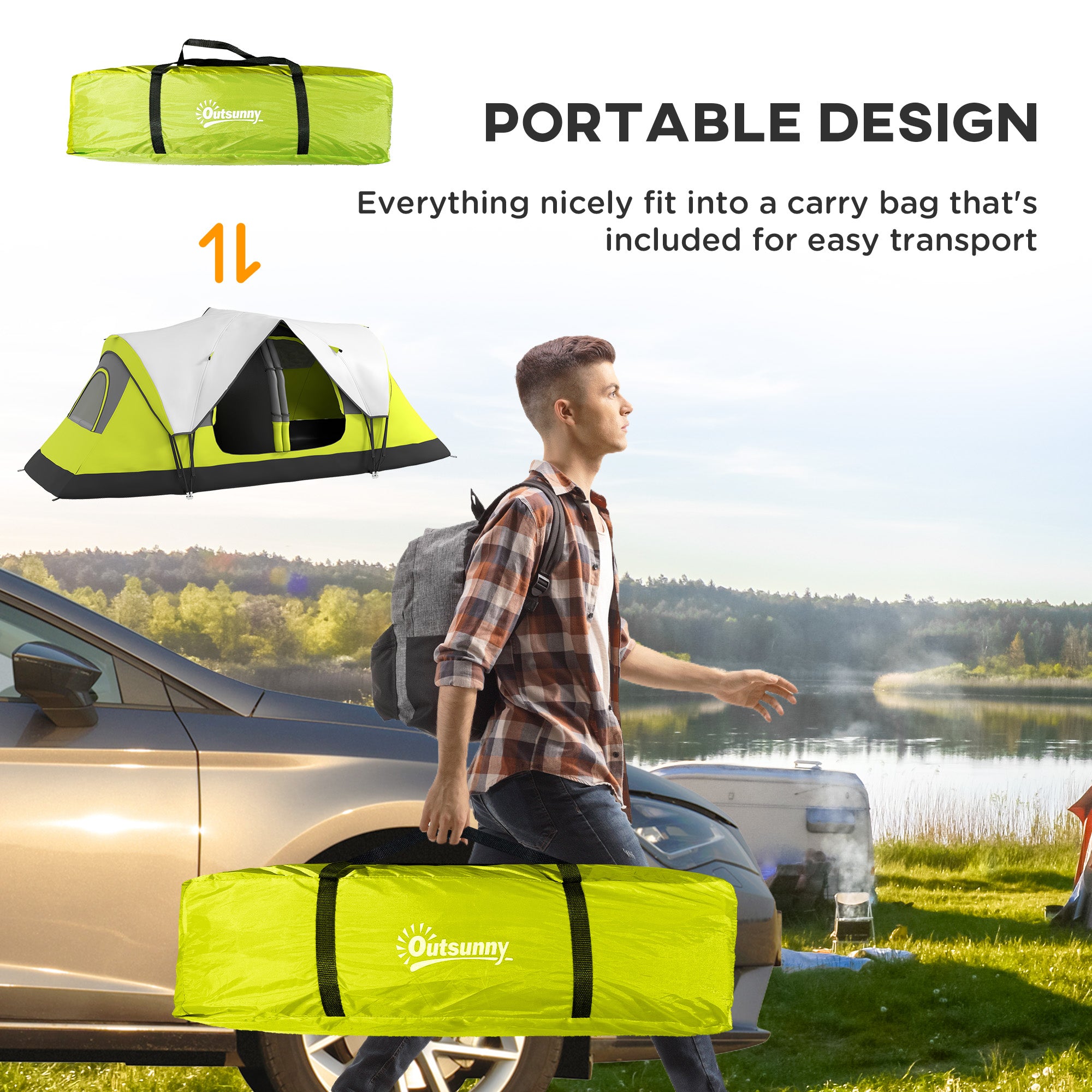 Outsunny Camping Tent for 6-8 Man with 2000mm Waterproof Rainfly and Carry Bag for Fishing Hiking Festival, Yellow - North Peak Garden Furniture