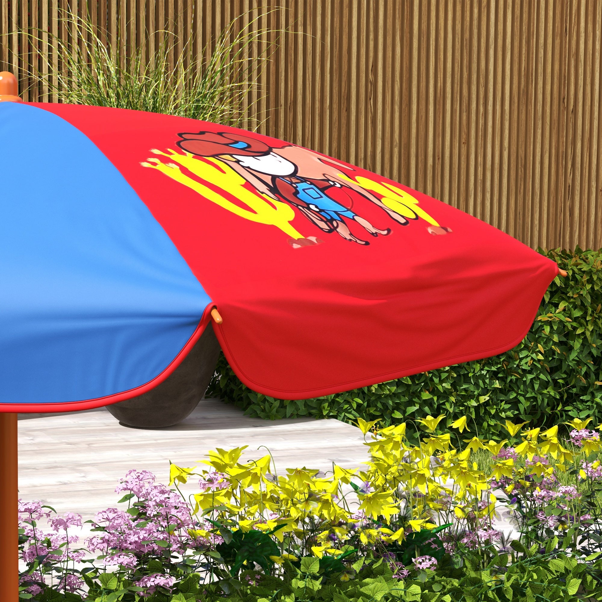 Outsunny Kids Picnic Table and Chair Set, Cowboy Themed Outdoor Garden Furniture w/ Foldable Chairs, Adjustable Parasol