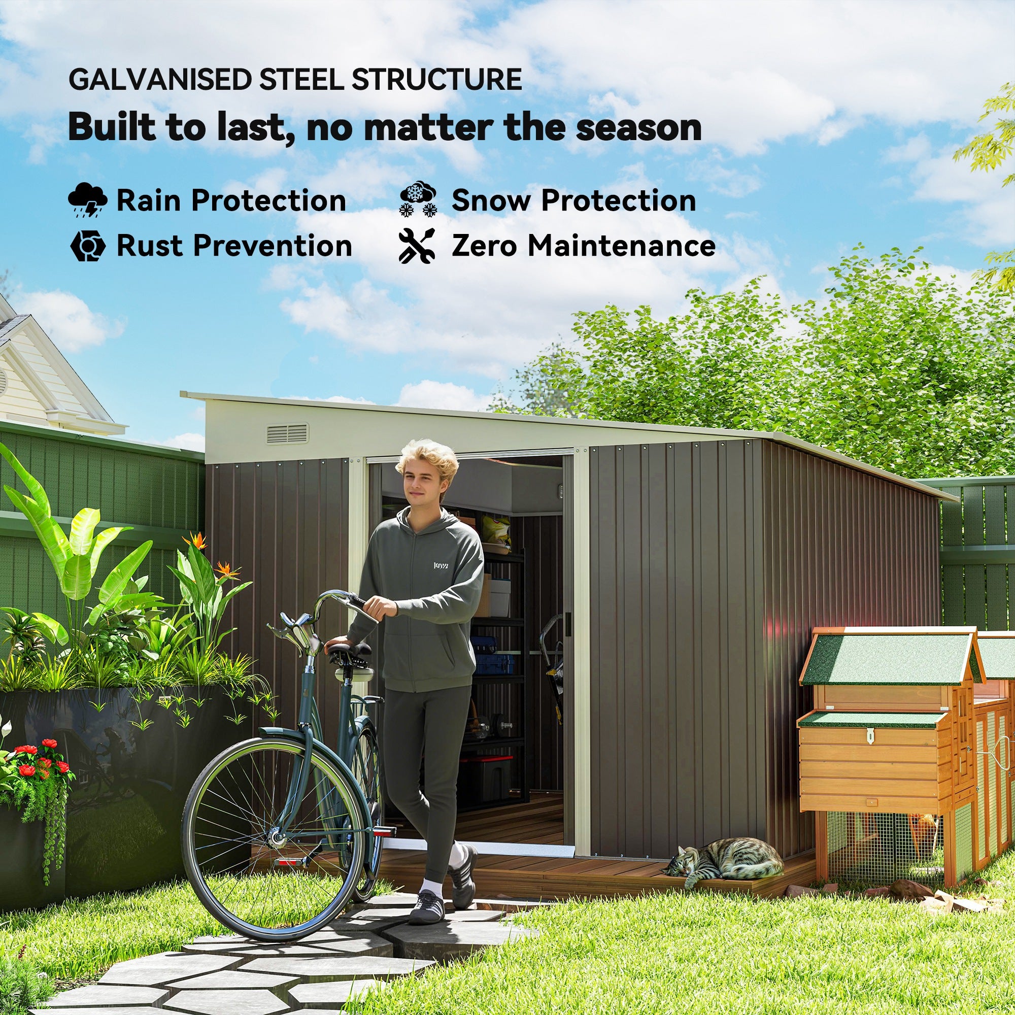 Outsunny 11.3 x 9.2ft Lean to Metal Garden Shed, Outdoor Galvanised Tool Storage House with Double Sliding Doors and 2 Air Vents, Grey - North Peak Garden Furniture
