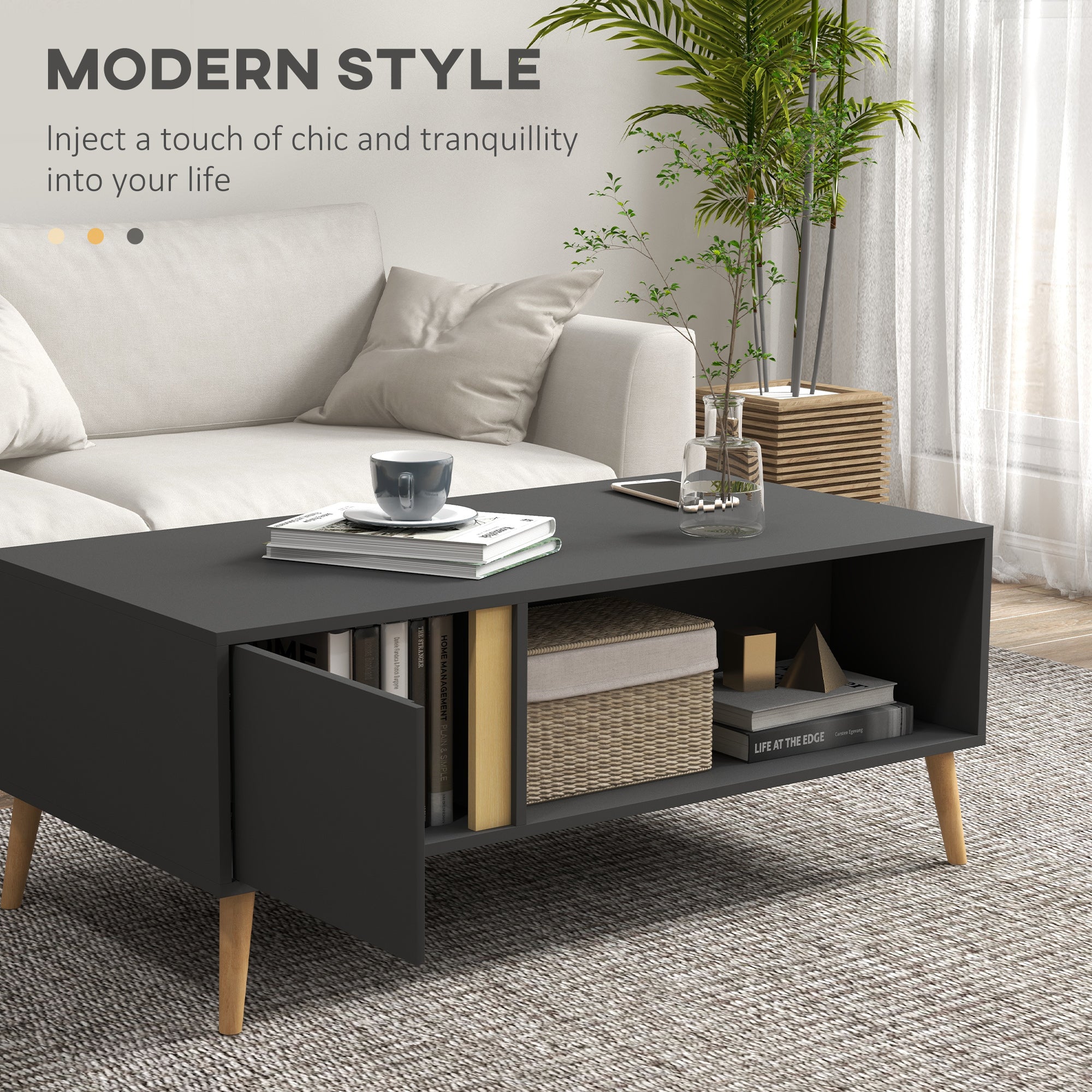 HOMCOM Coffee Table for Living Room, Modern Centre Table with Storage Compartments and Cabinets, Rectangular Side Table, 115x 58x 45cm, Grey - North Peak Garden Furniture