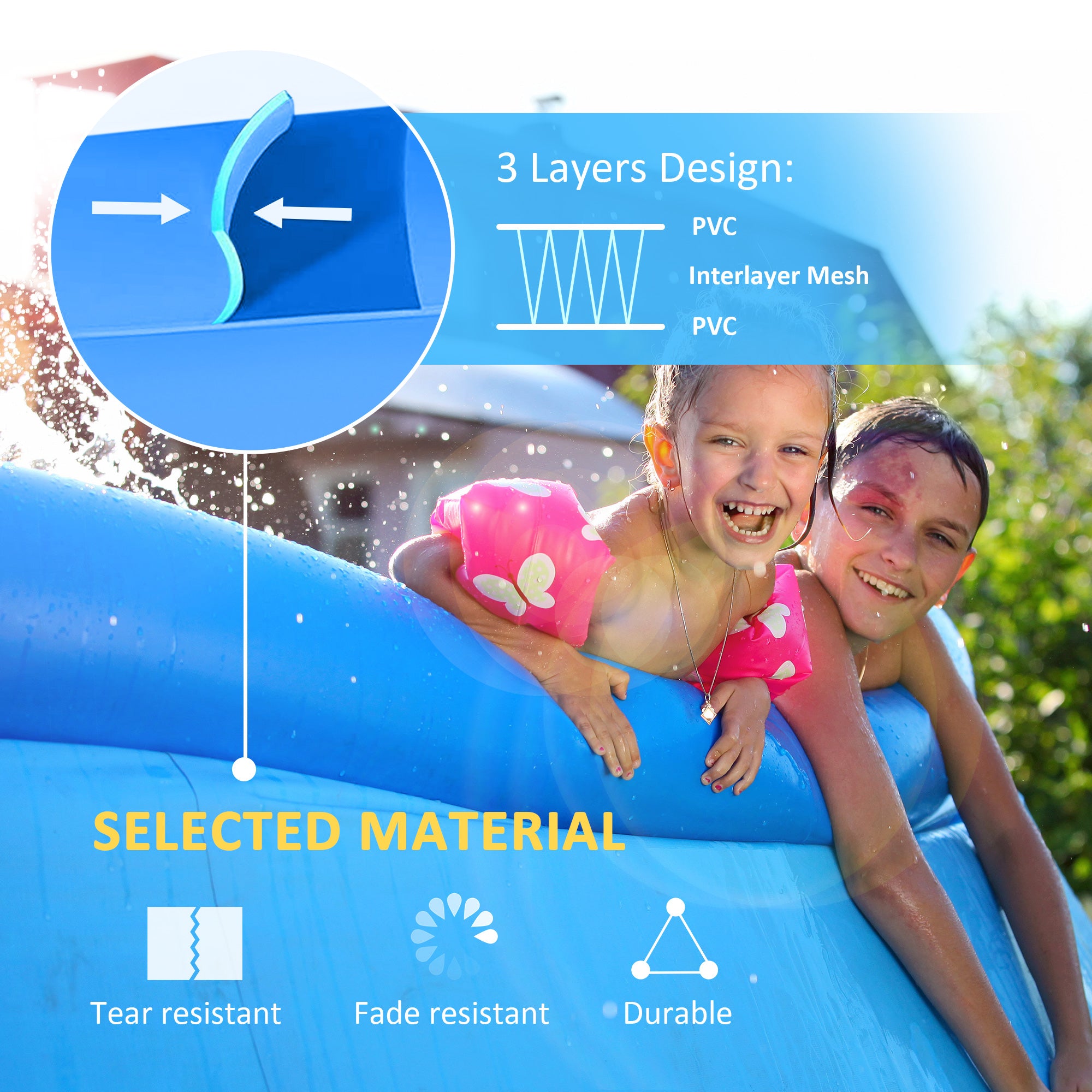 Outsunny 274cm x 76cm Inflatable Swimming Pool Family-Sized Blow Up Pool Round Paddling Pool with Hand Pump for Adults, Outdoor, Garden and Backyard, Blue