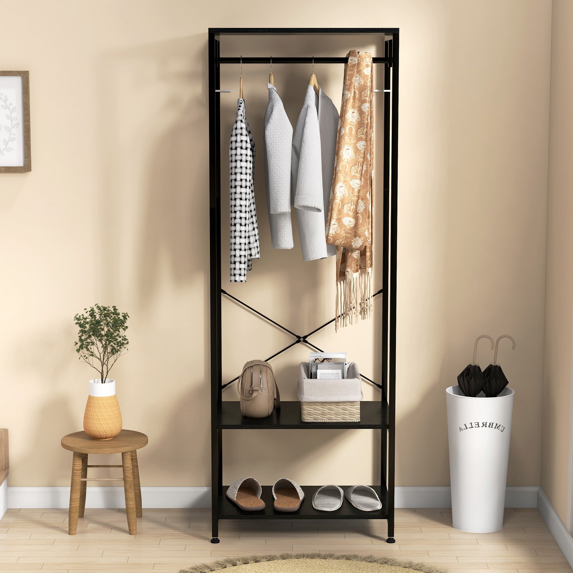 HOMCOM Hallway Coat Rack and Shoe Bench Tree - Black - North Peak Garden Furniture