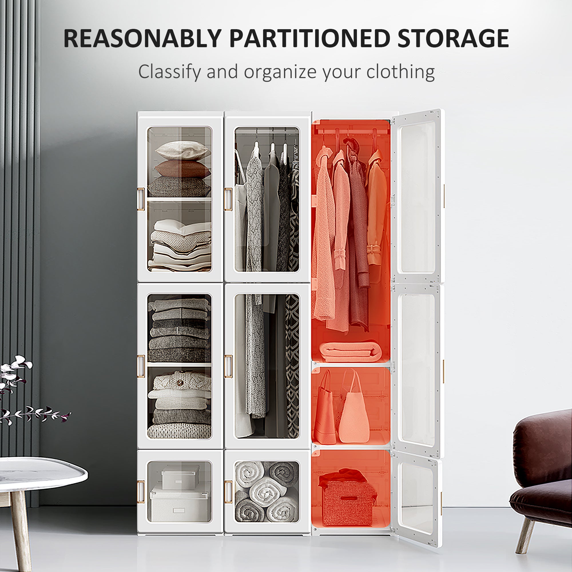 HOMCOM Portable Clothes Wardrobe for Bedroom, Foldable Clothes Organiser with Cube Storage, Hanging Rods, Magnet Doors, White - North Peak Garden Furniture