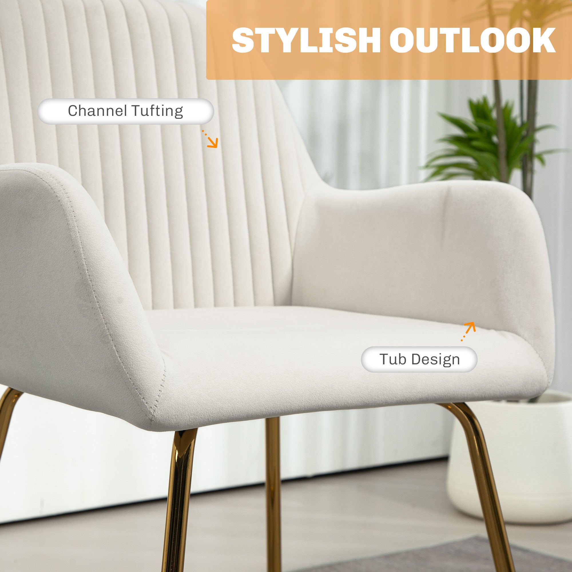HOMCOM Modern Arm Chair Upholstered Accent Chair with Metal Base for Living Room Cream White - North Peak Garden Furniture