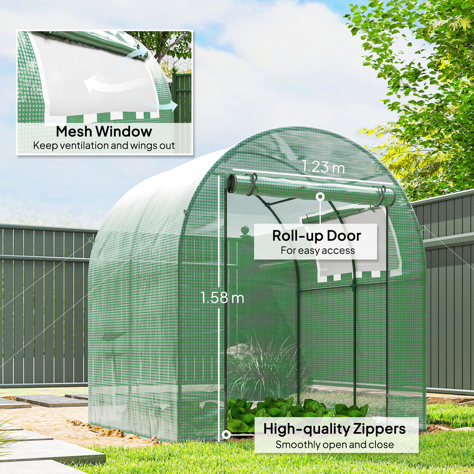 Outsunny Walk in Polytunnel Greenhouse, Green House for Garden with Roll-up Window and Door, 1.8 x 1.8 x 2 m, Green