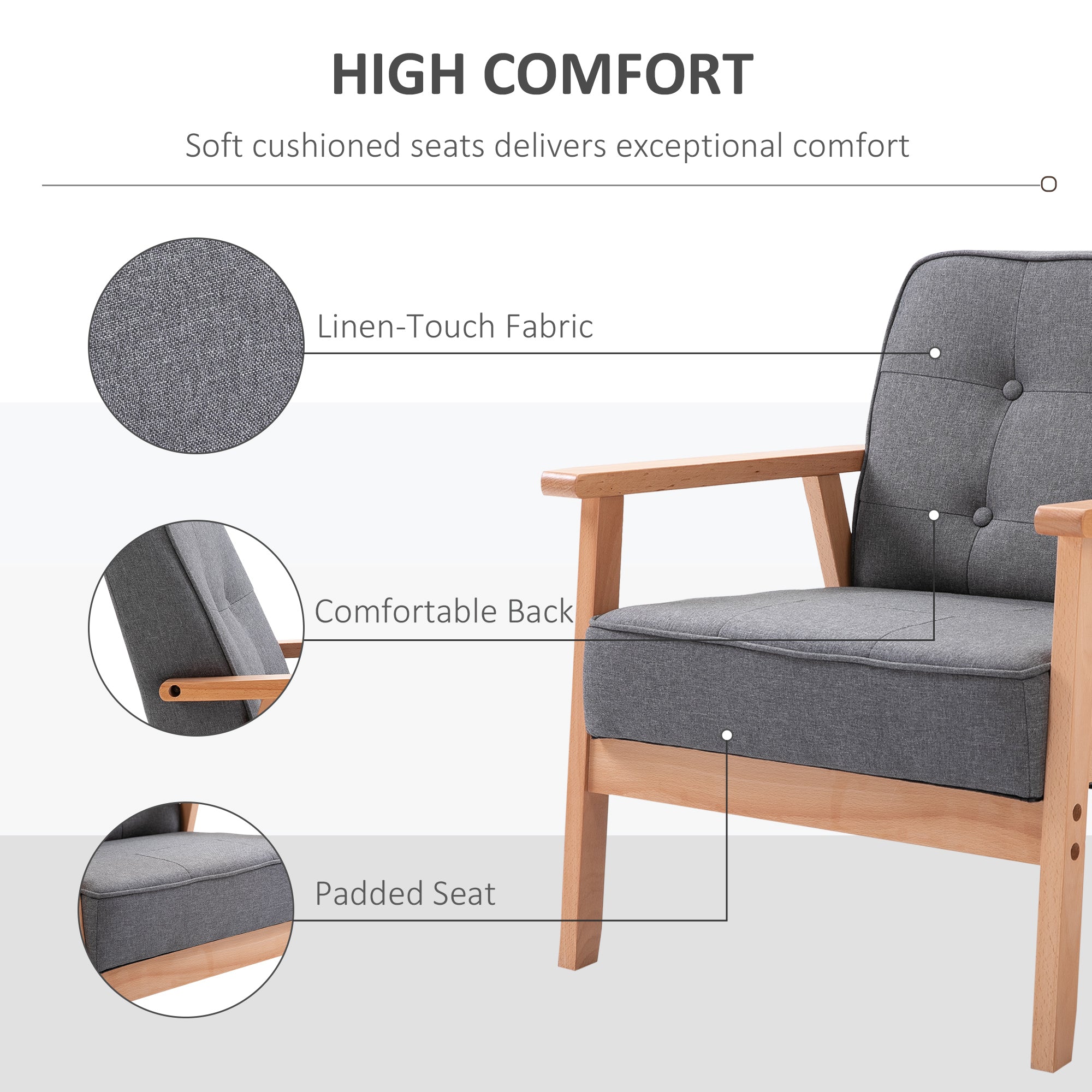 HOMCOM Minimalistic Wooden Frame Accent Chair, with Padded Seat - Dark Grey - North Peak Garden Furniture