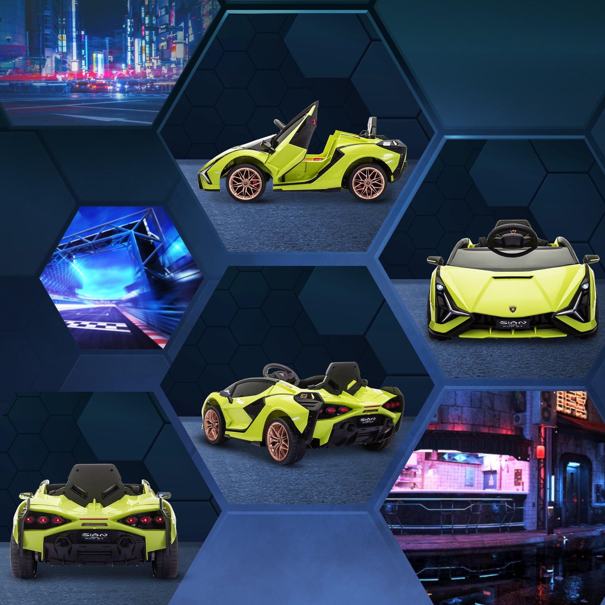 HOMCOM Lamborghini Sian Licensed 12V Kids Electric Ride On Car 2 Motors Toy Car with Remote Control Music Lights MP3 for 3-5 Years Green - North Peak Garden Furniture