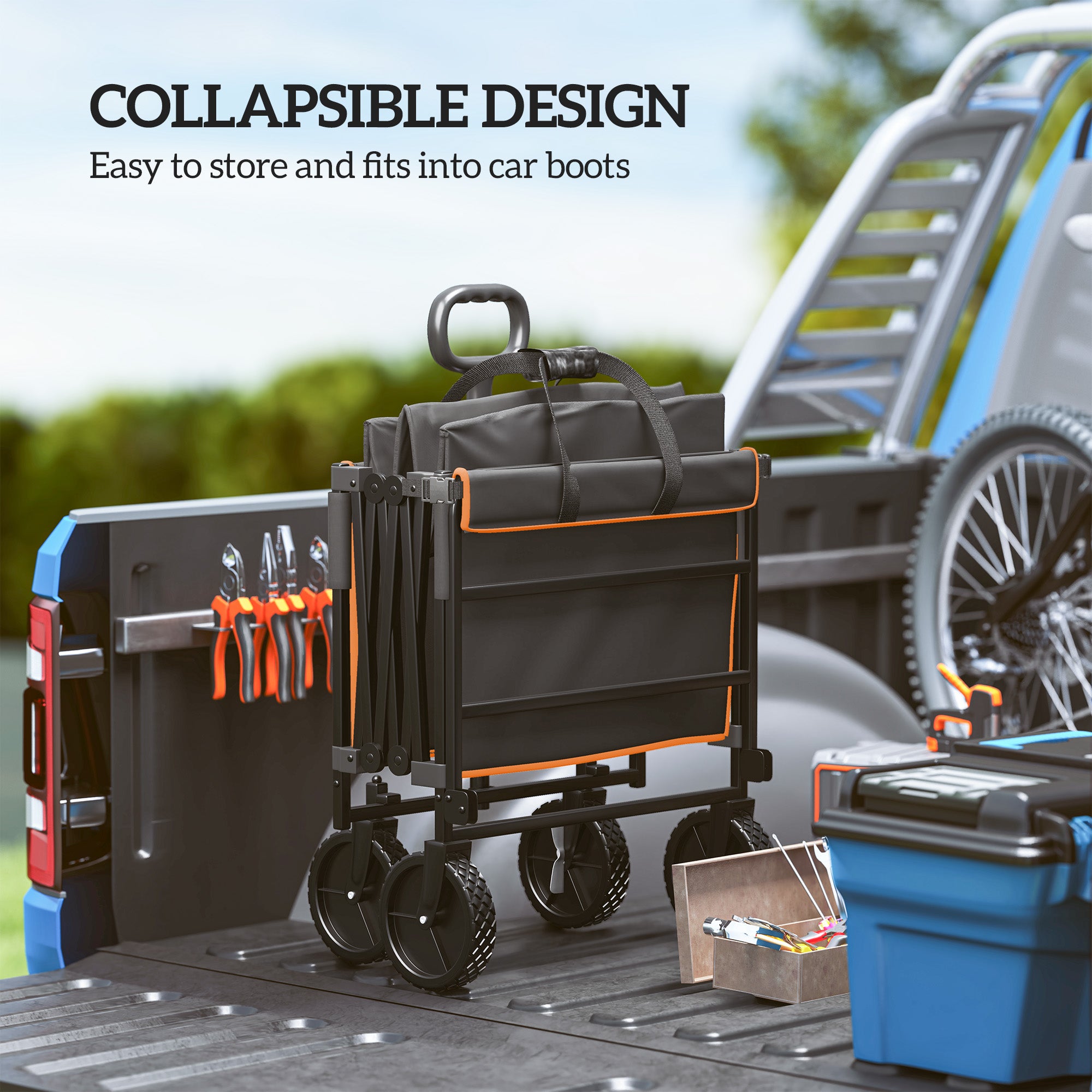 Outsunny 160L Festival Trolley on Wheels, Folding Camping Trolley Cart w/ Tailgate, 100kg Heavy Duty Garden Collapsible Folding Wagon w/Adjustable Handle, Carry Bag for Beach Picnic, Black and Orange - North Peak Garden Furniture