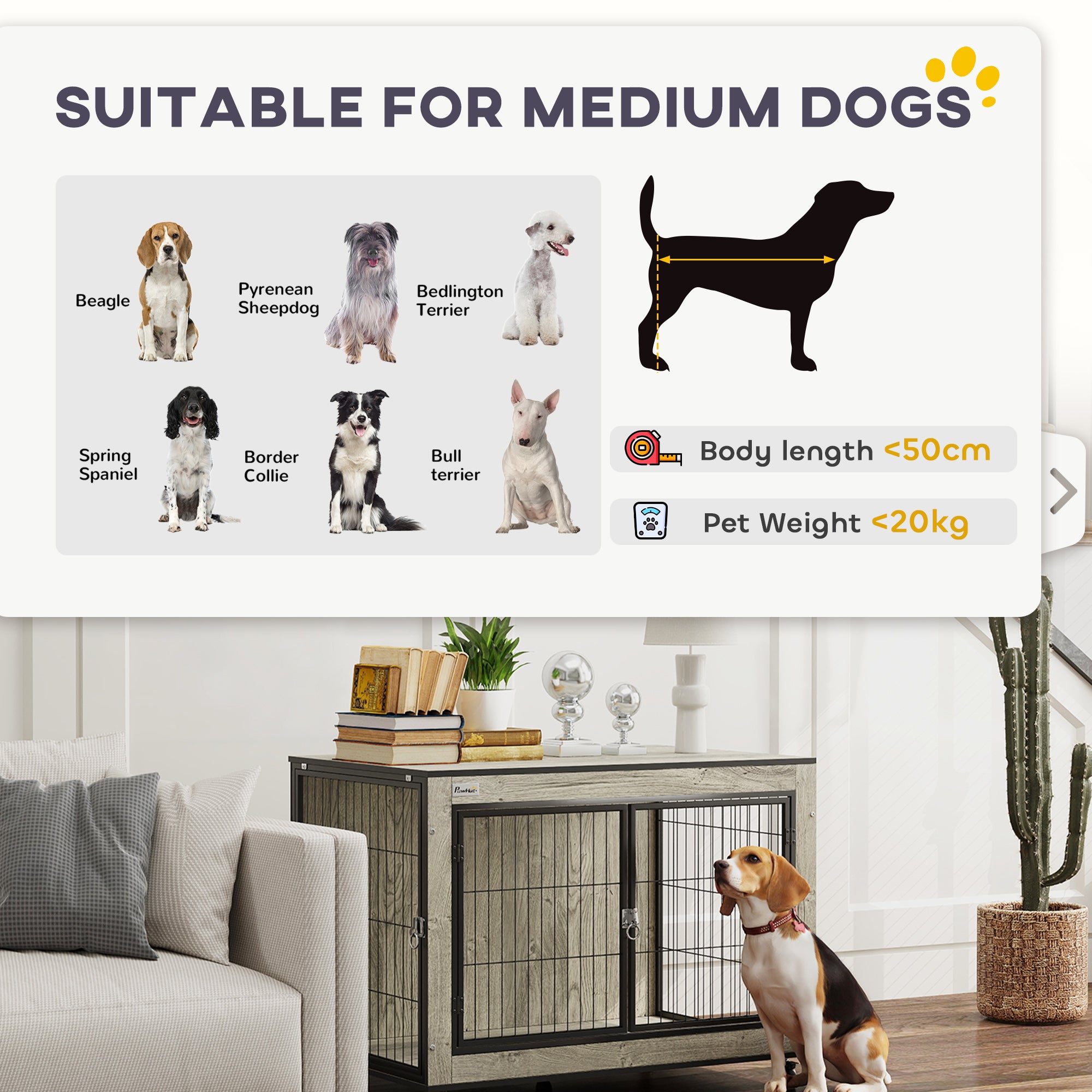 PawHut Dog Crate Furniture with Wheels, Double Doors, for Medium Dogs, 80 x 56 x 62.5cm, Grey - North Peak Garden Furniture