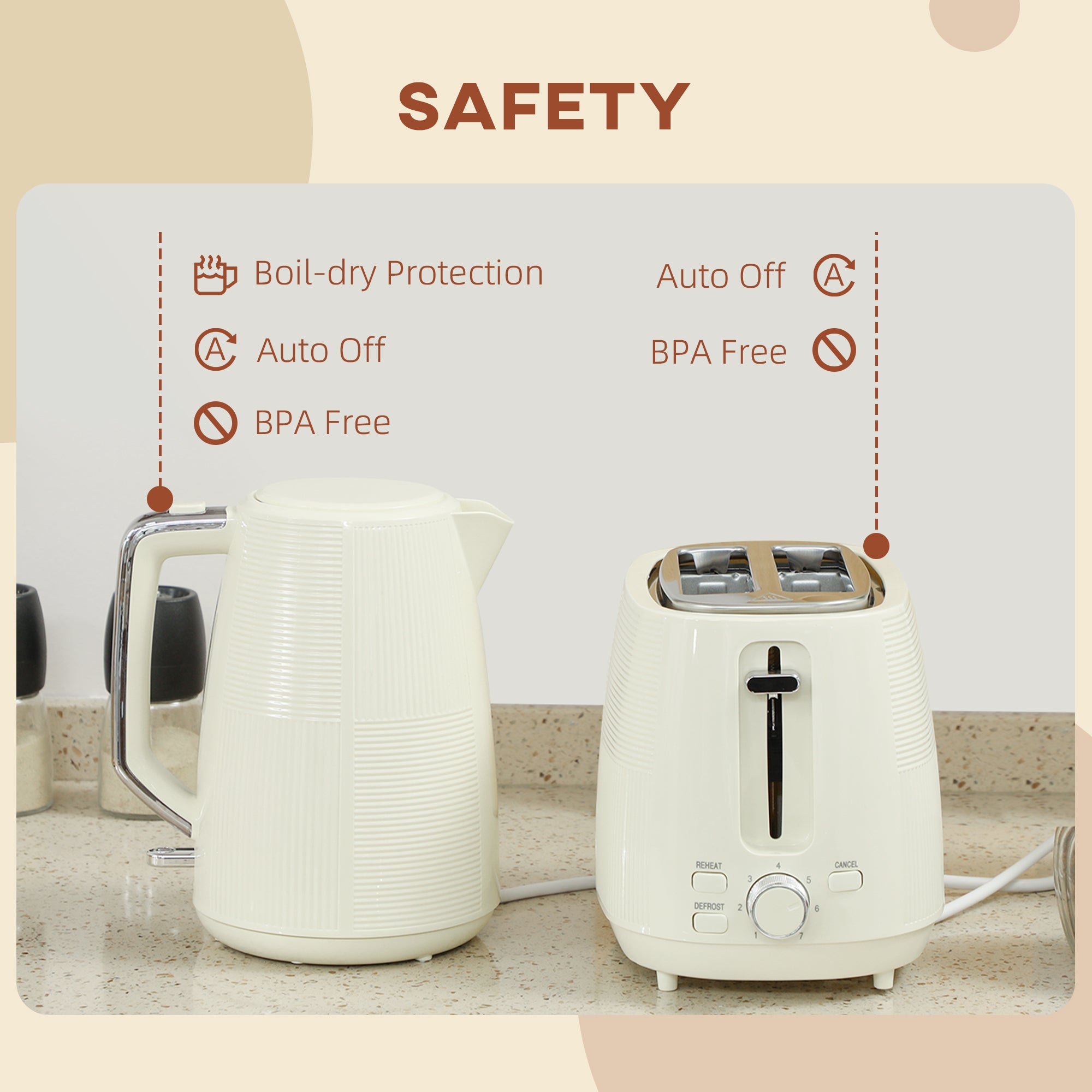 HOMCOM Kettle and Toaster Set, 1.7L 3000W Fast Boil Kettle & 2 Slice Toaster Kitchen Set with 7 Level Browning Controls, Defrost, Reheat, Boil-dry Protection, Cream White - North Peak Garden Furniture
