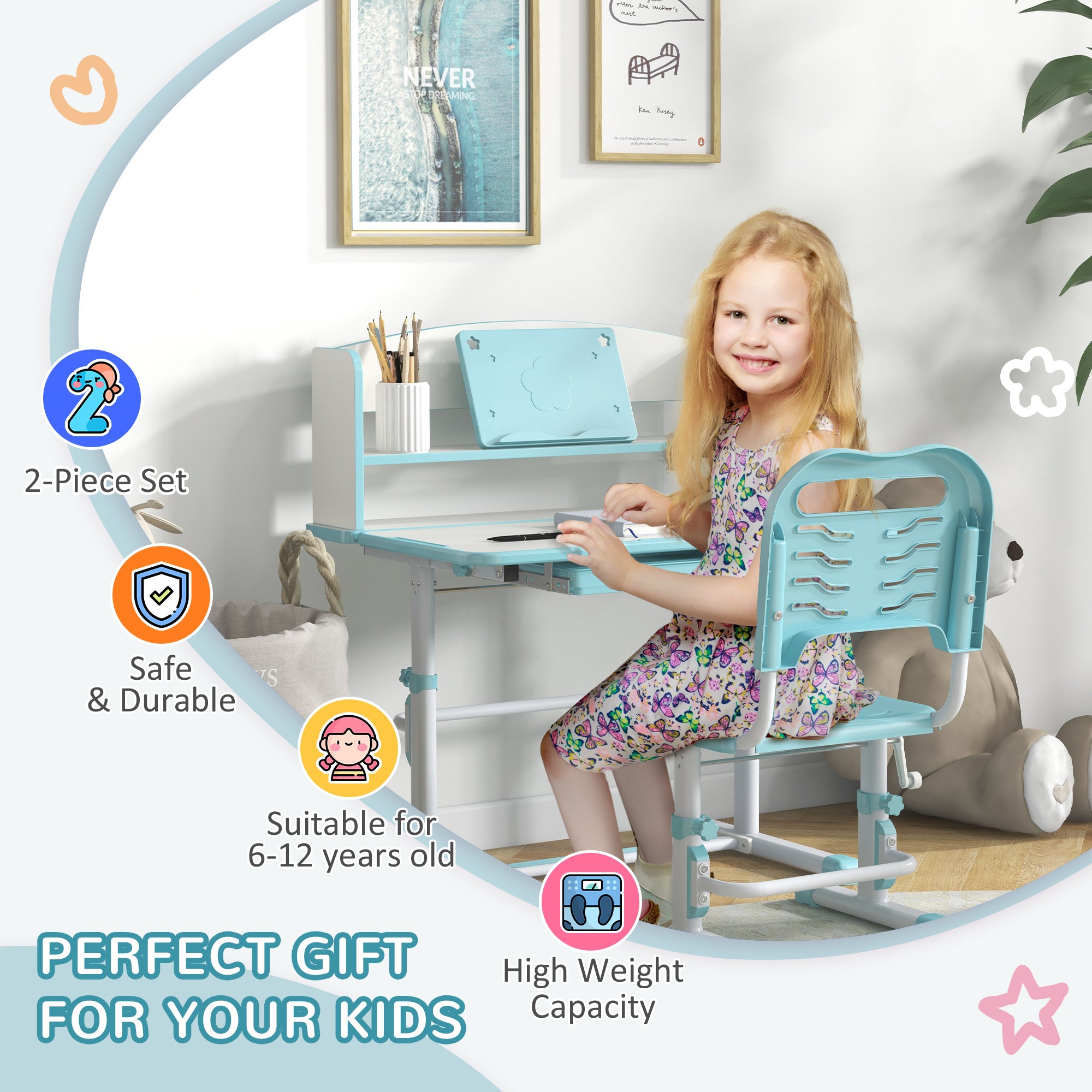 ZONEKIZ Height Adjustable Kids Study Table and Chair Set, with Drawer, Storage Shelf, 80 x 54.5 x 104 cm, Blue - North Peak Garden Furniture