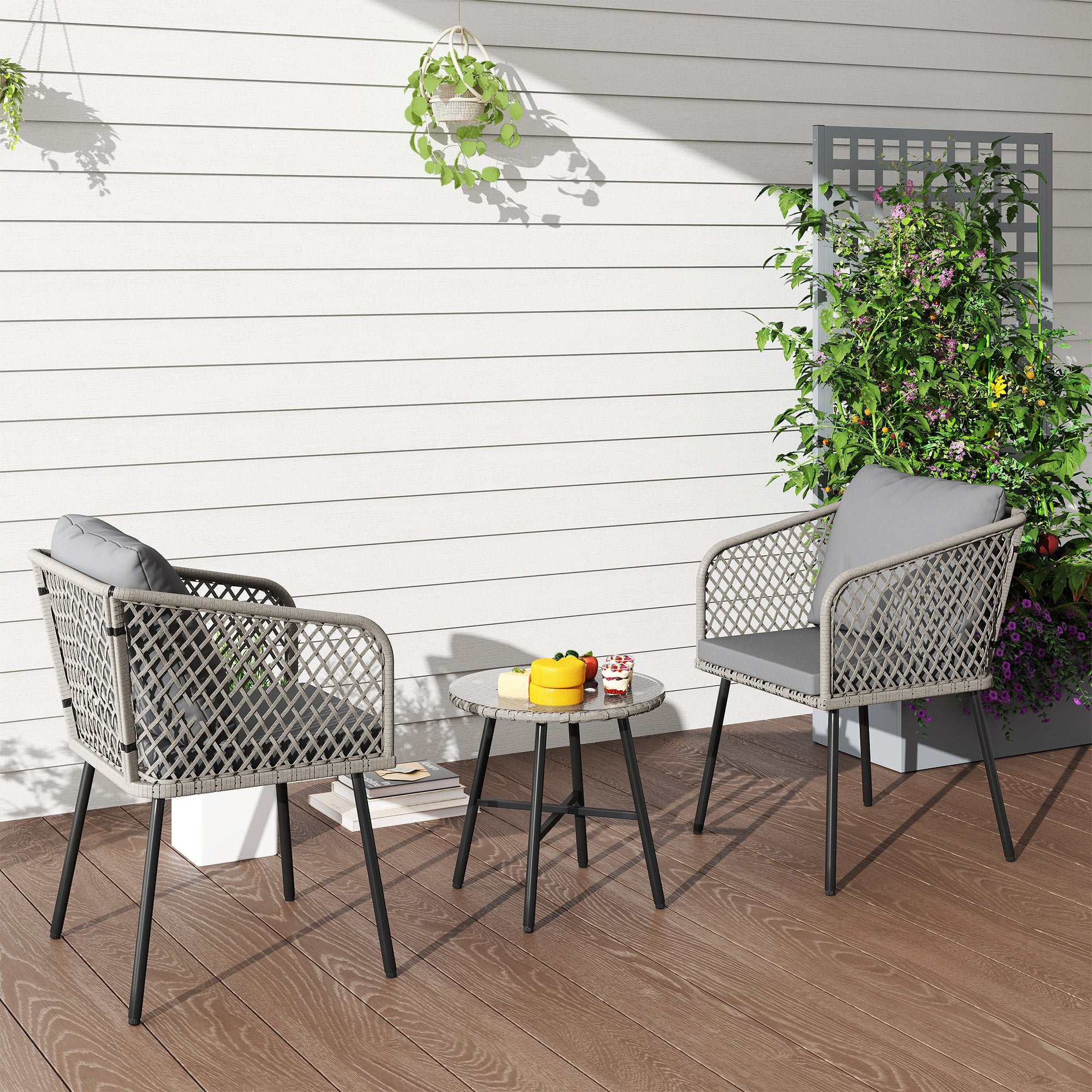 Outsunny Three-Piece Cut-Out Rattan Chair and Table Set - Grey - North Peak Garden Furniture