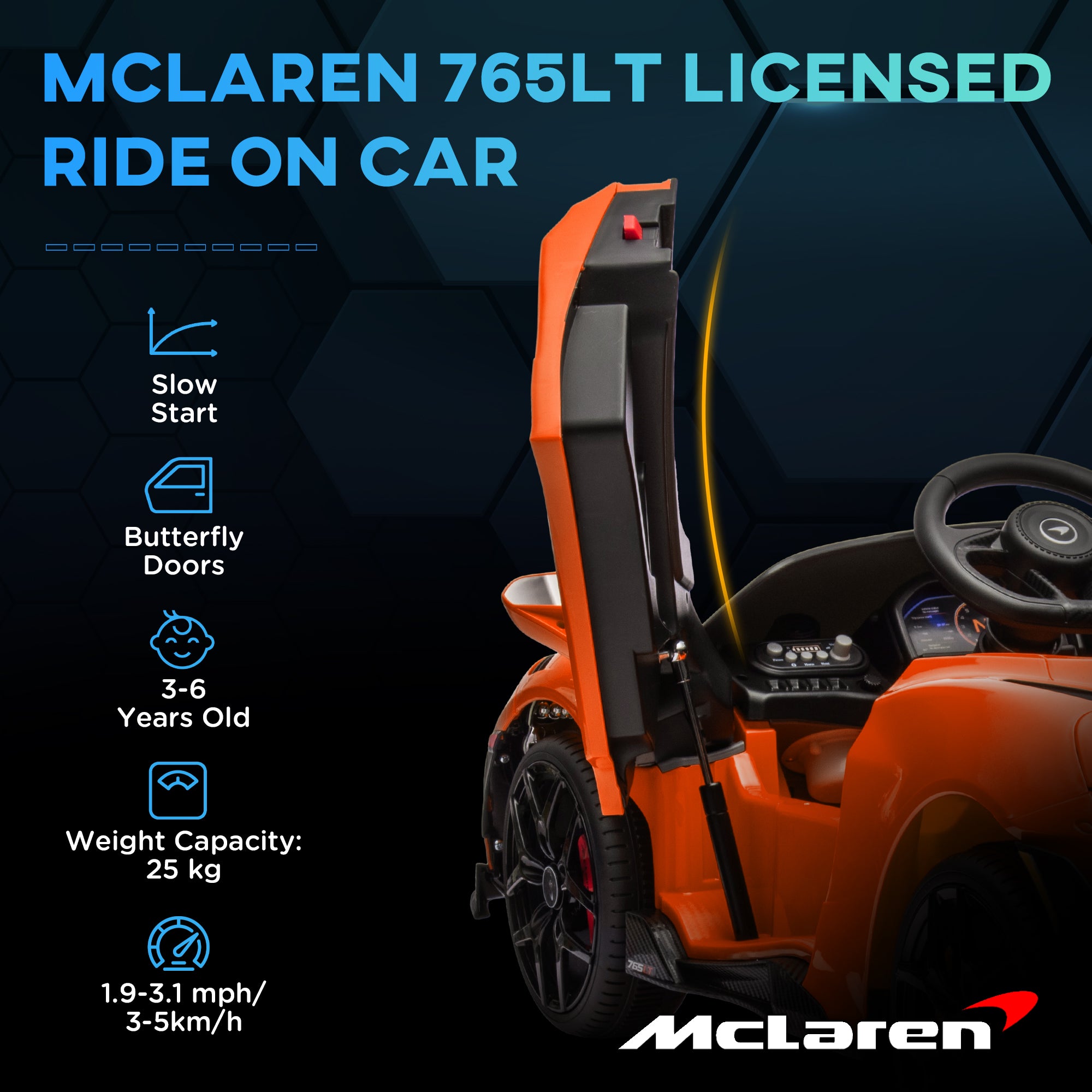AIYAPLAY McLaren 765LT Licensed 12V Kids Electric Ride on Car with Butterfly Doors Remote Control Transport Wheels Orange - North Peak Garden Furniture