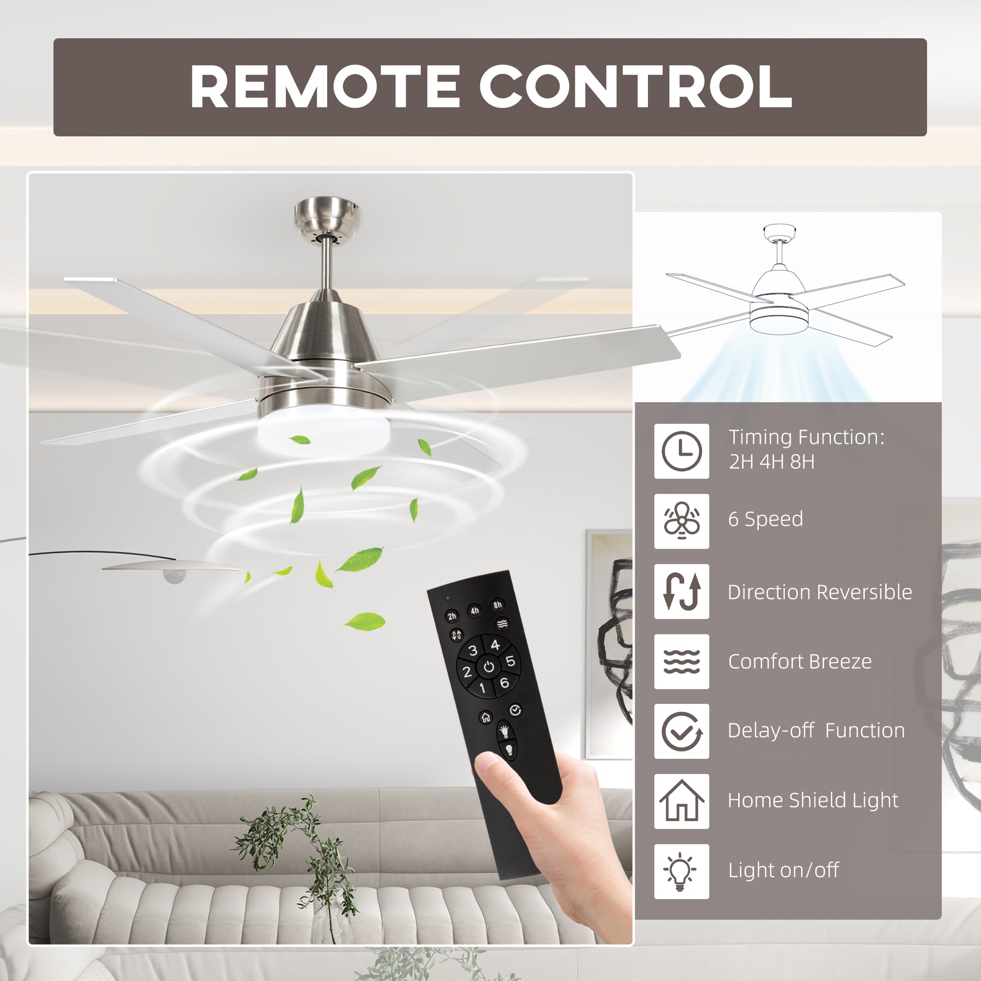 HOMCOM Ceiling Fan with LED Light, Flush Mount Ceiling Fan Lights with Reversible Blades, Remote, Silver and Black - North Peak Garden Furniture