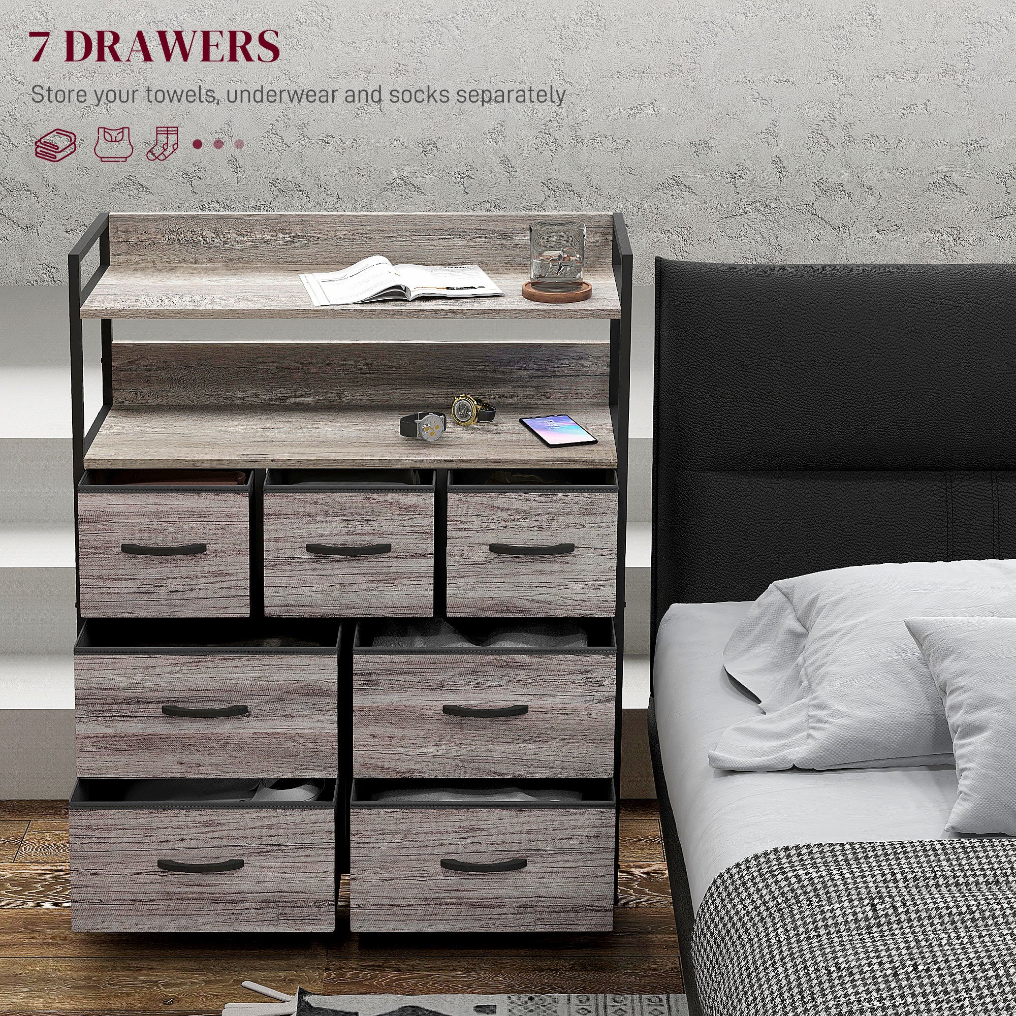 HOMCOM Rustic Chest of Seven Fabric Drawers - Grey Wood Effect - North Peak Garden Furniture