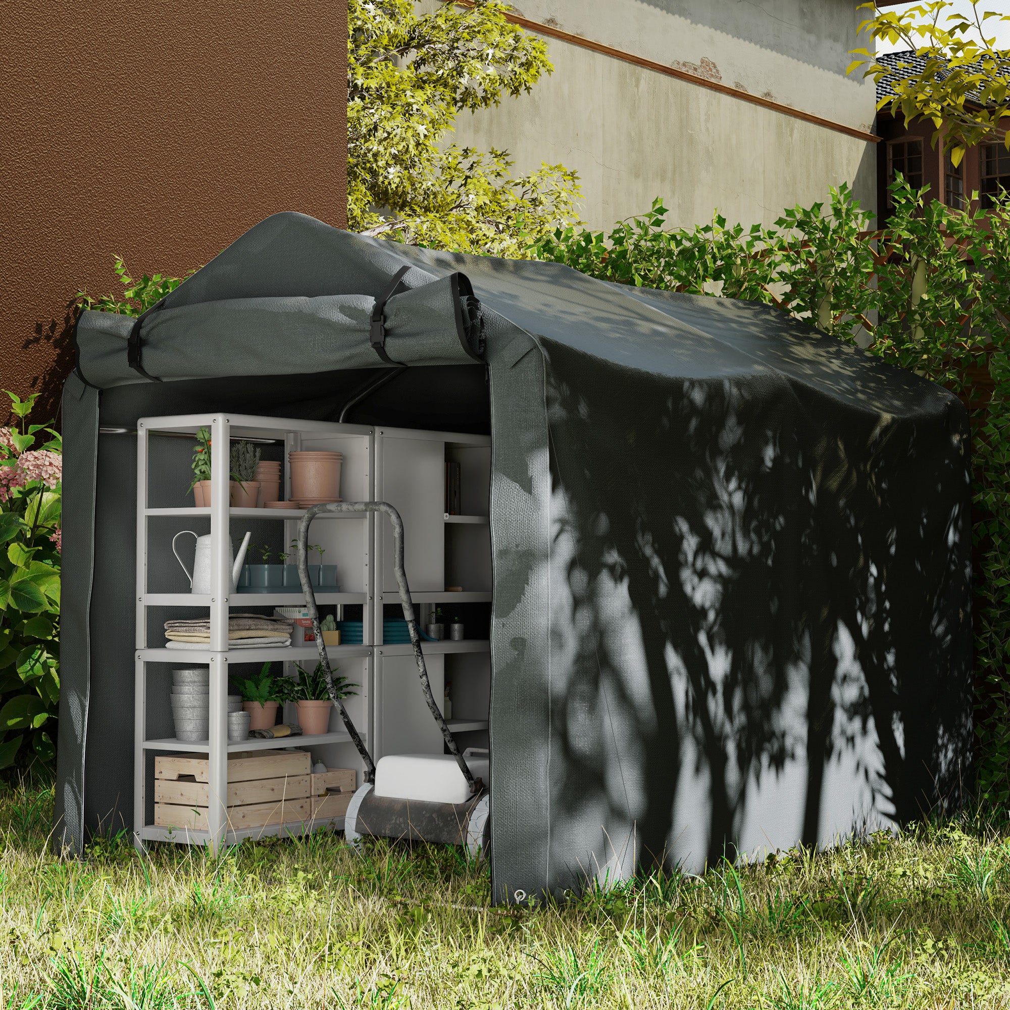 Outsunny 2.2 x 1.6 m Garden Storage Tent, Waterproof Anti-UV Bike Tent with Roll-up Zipper Door, Galvanised Outdoor Storage Shelter Carport for Bike, Motorbike, Garden Tools, Dark Grey - North Peak Garden Furniture