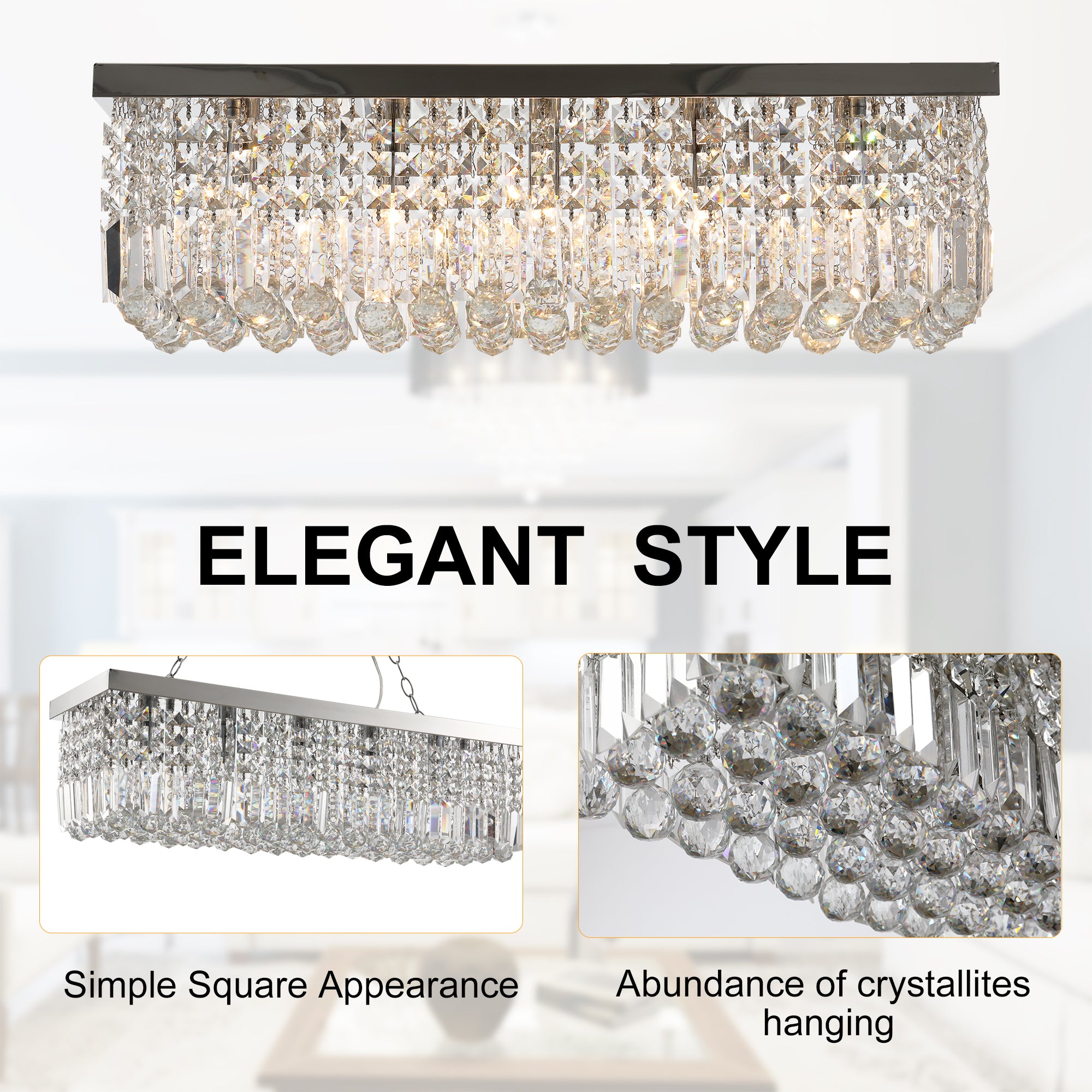 HOMCOM Modern Crystal Ceiling Light Square Crystal Chandelier for Living Room, Dining Room, Hall, E14 Base, Silver, 80 x 25 x 23cm - North Peak Garden Furniture