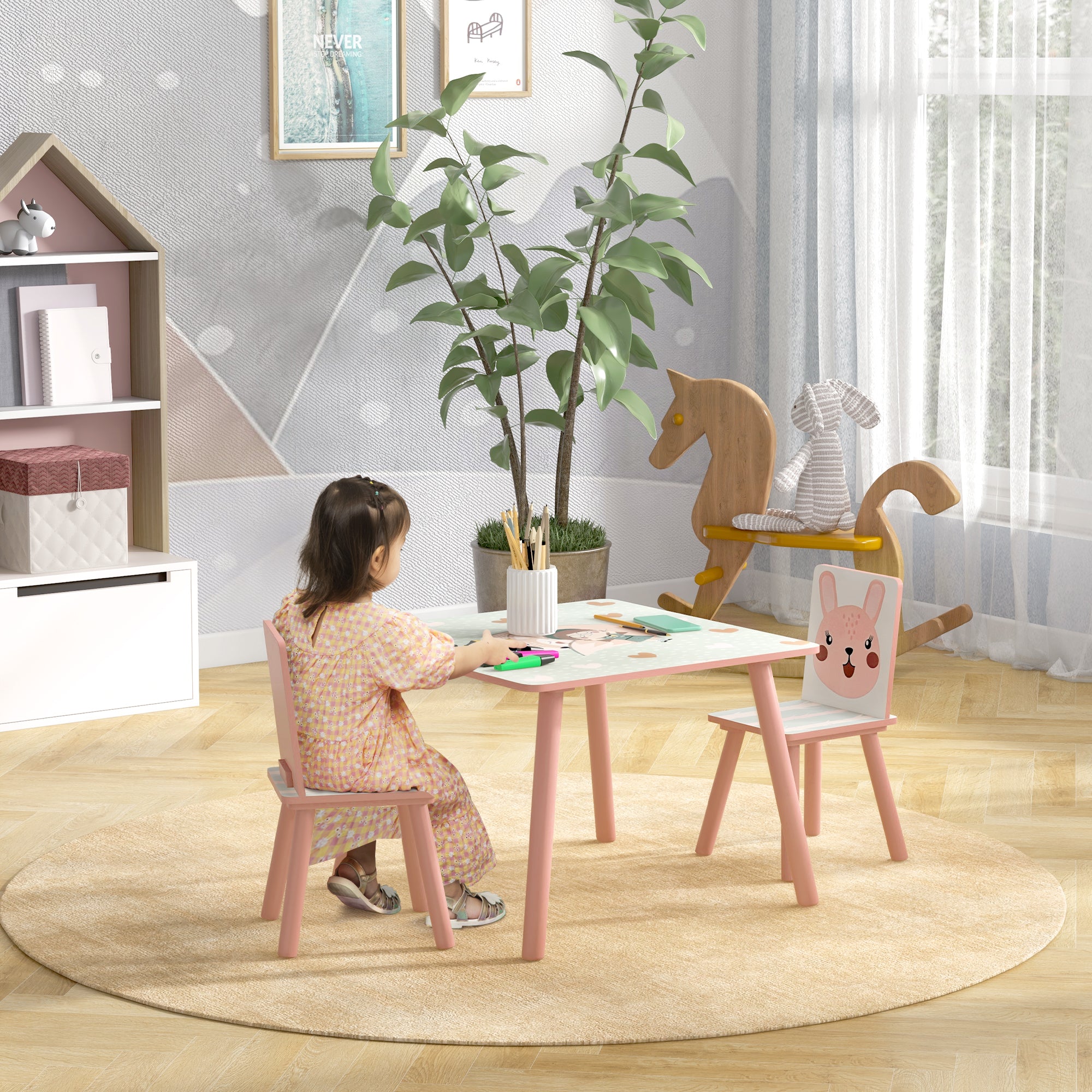 ZONEKIZ Kids and Table Chairs, Children Desk with Two Chairs, Toddler Furniture Set, for Ages 3-6 Years - Pink - North Peak Garden Furniture