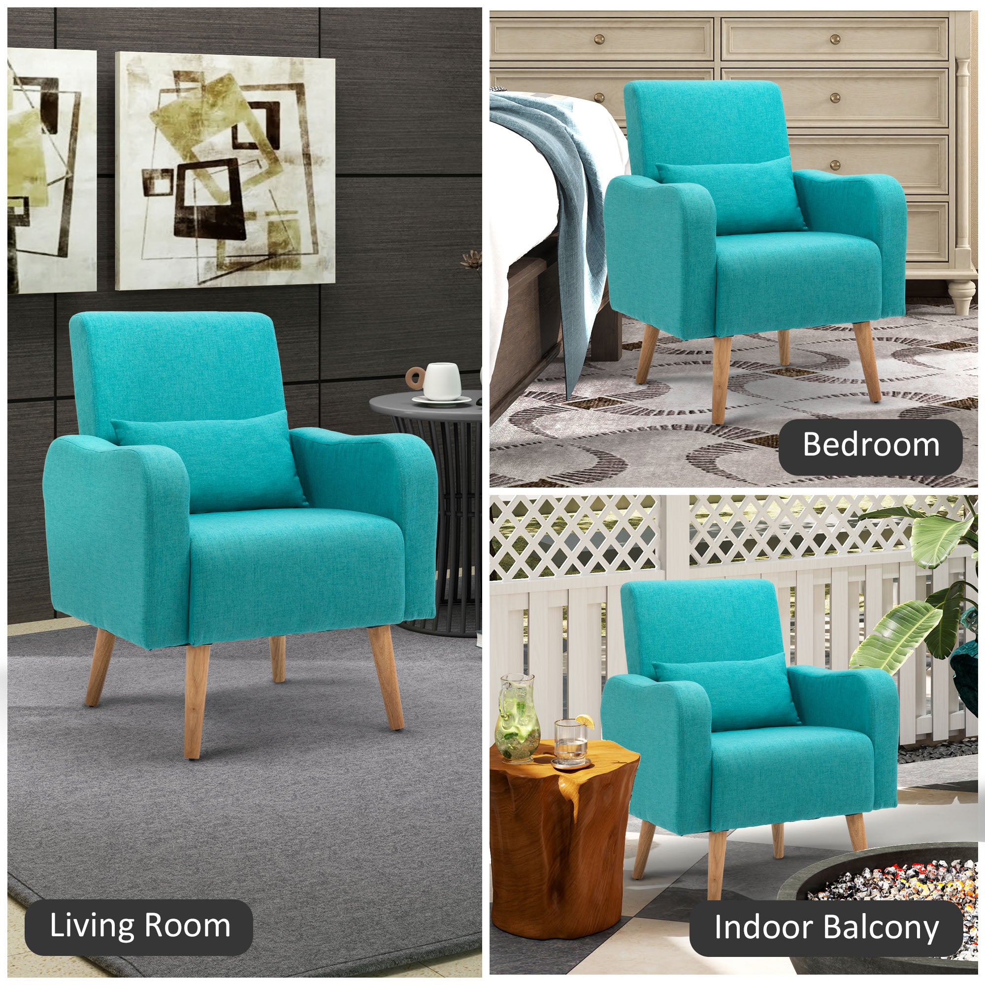HOMCOM Accent Chair, Linen-Touch Armchair, Upholstered Leisure Lounge Sofa for Living Room, Club Chair with Wooden Frame, Teal - North Peak Garden Furniture