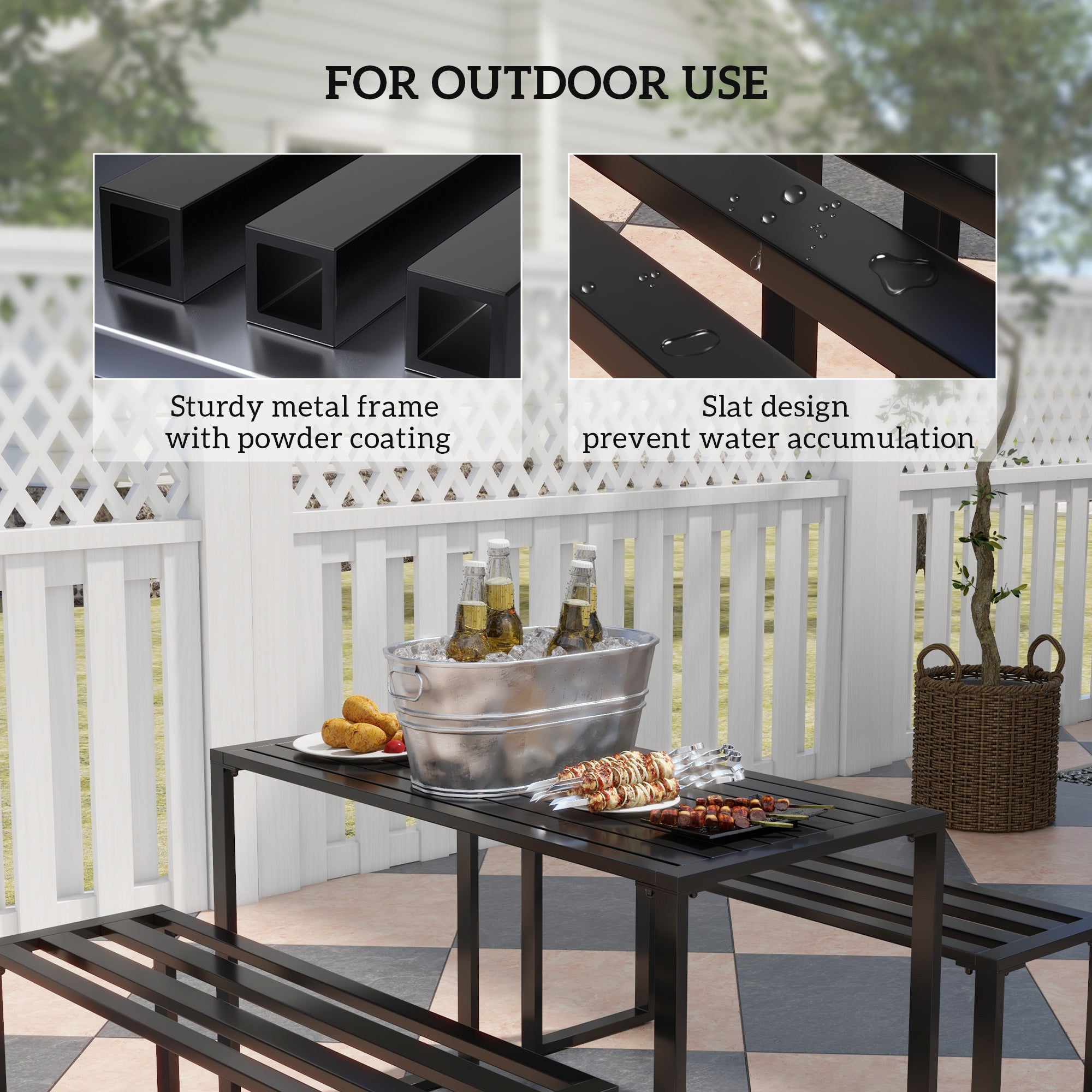 Outsunny 3 Pieces Picnic Bench Set with Table and 2 Benches, Slated Design Dining Trestle Beer Table and Seat, Black - North Peak Garden Furniture