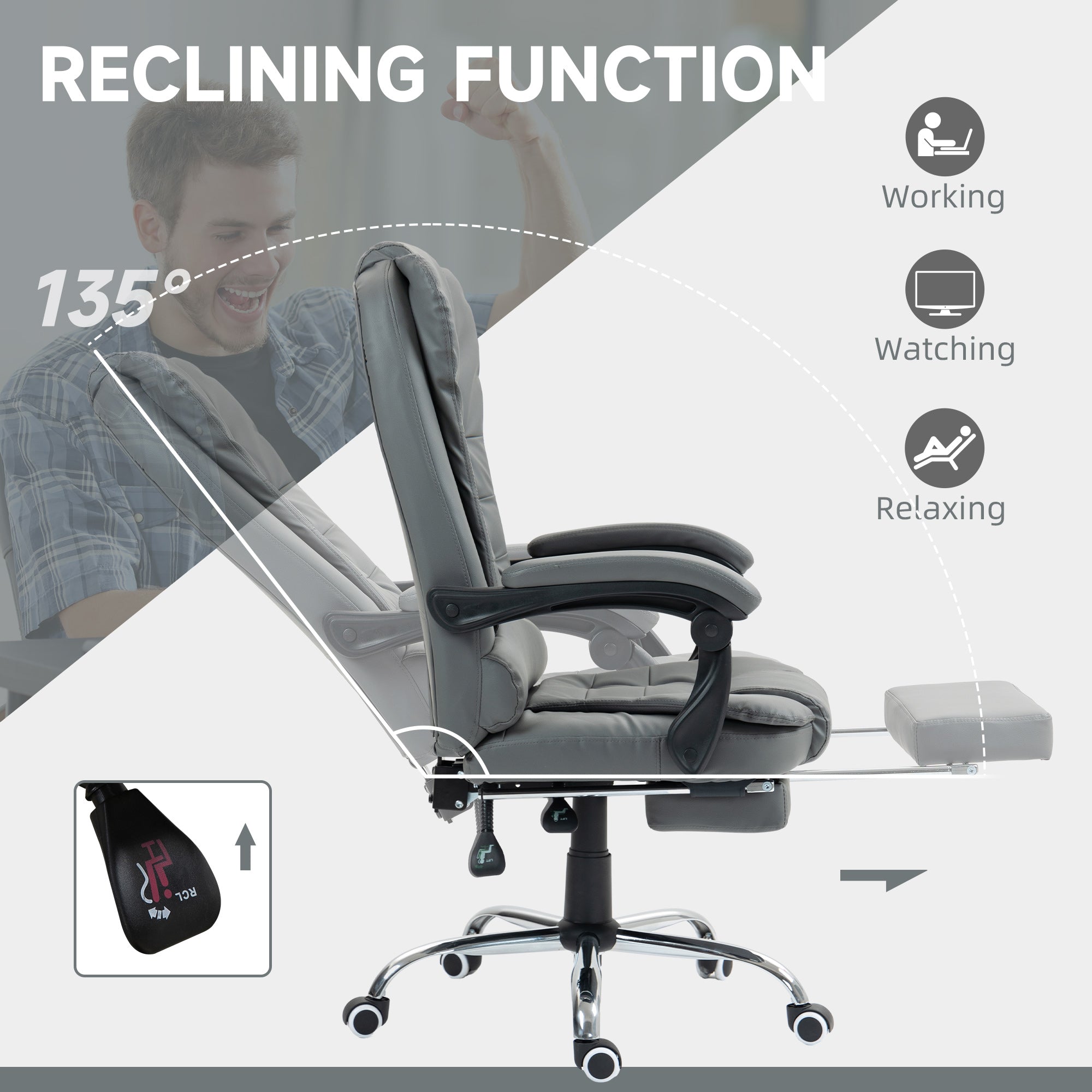 HOMCOM Executive Office Chair, PU Leather Home Office Chair with Swivel Wheels, Reclining Backrest, Retractable Footrest, Grey - North Peak Garden Furniture
