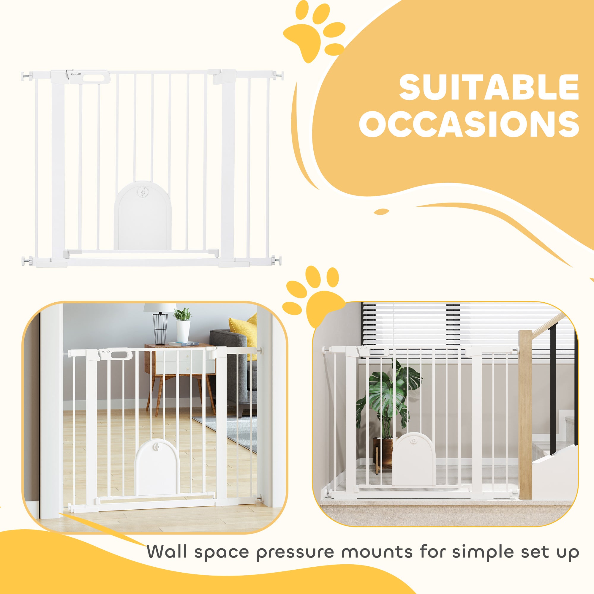 PawHut Dog Gate with Cat Flap Pet Safety Gate Barrier, Stair Pressure Fit, Auto Close, Double Locking, for Doorways, Hallways, 75-103 cm White - North Peak Garden Furniture