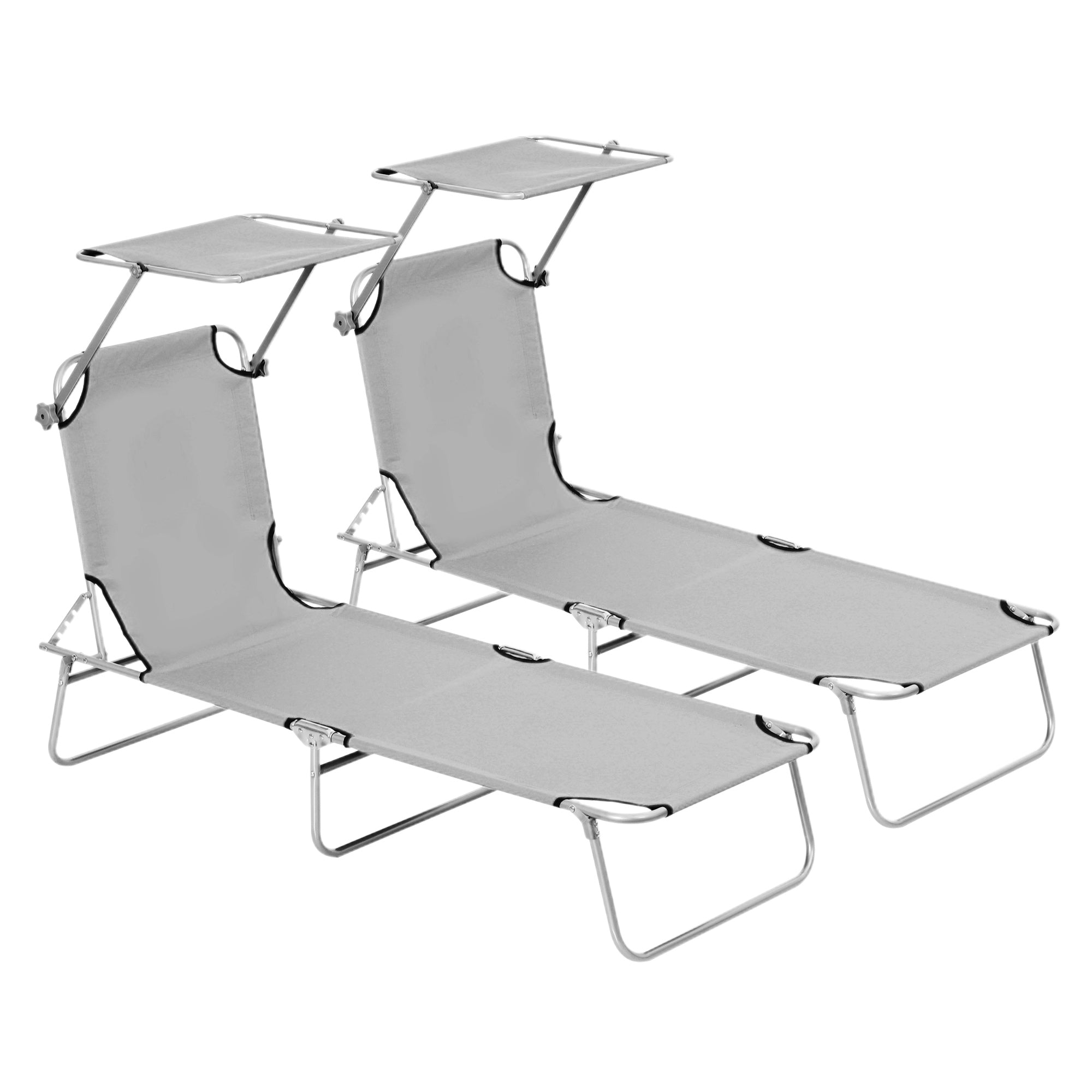 Outsunny 2 Pieces Outdoor Foldable Sun Lounger, 4 Level Adjustable Backrest Reclining Sun Lounger Chair with Angle Adjust Sun Shade Awning for Beach, Garden, Patio, Light Grey - North Peak Garden Furniture