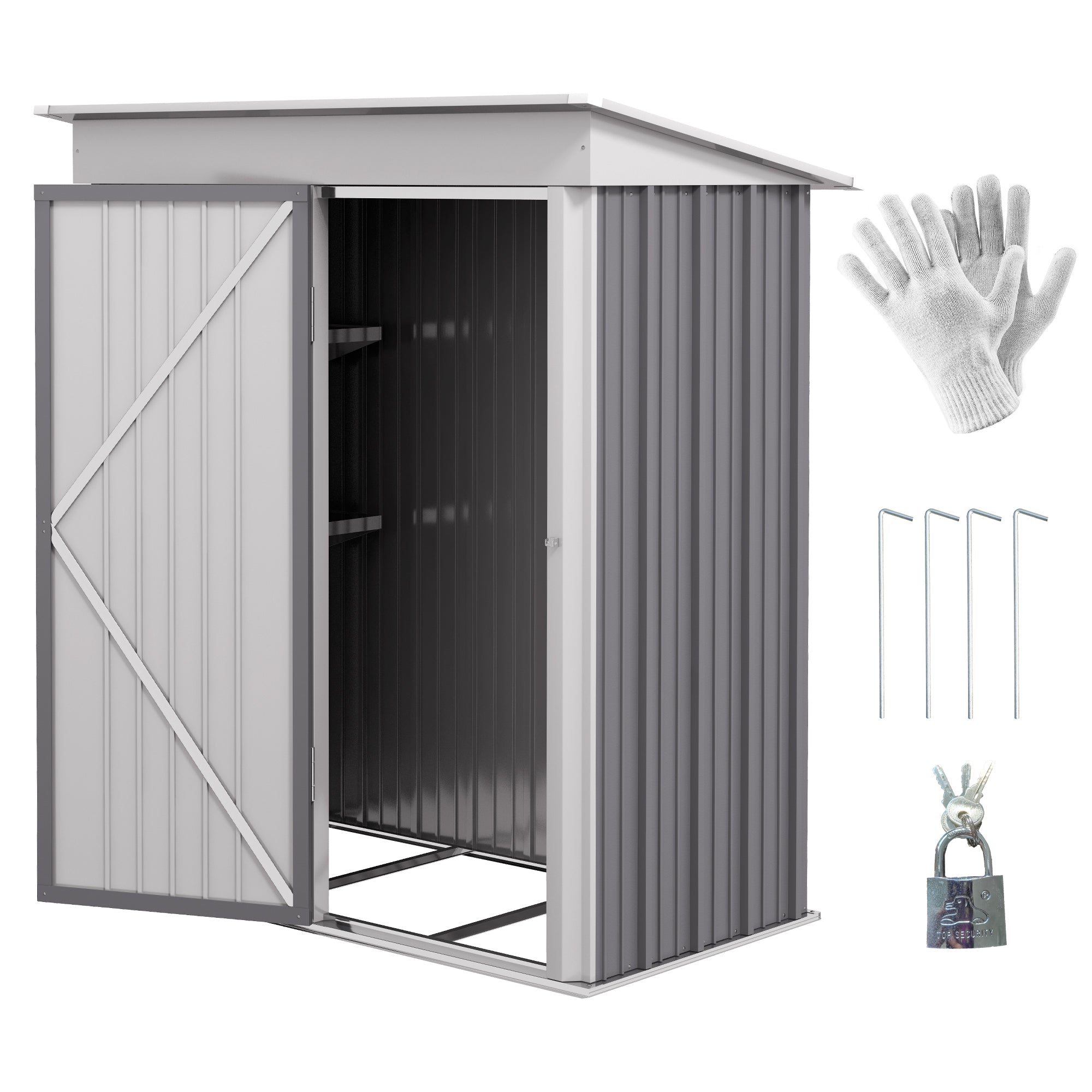 Outsunny Metal Garden Shed, Outdoor Lean-to Shed for Tool Motor Bike, with Adjustable Shelf, Lock, Gloves, 5'x3'x6', Grey - North Peak Garden Furniture