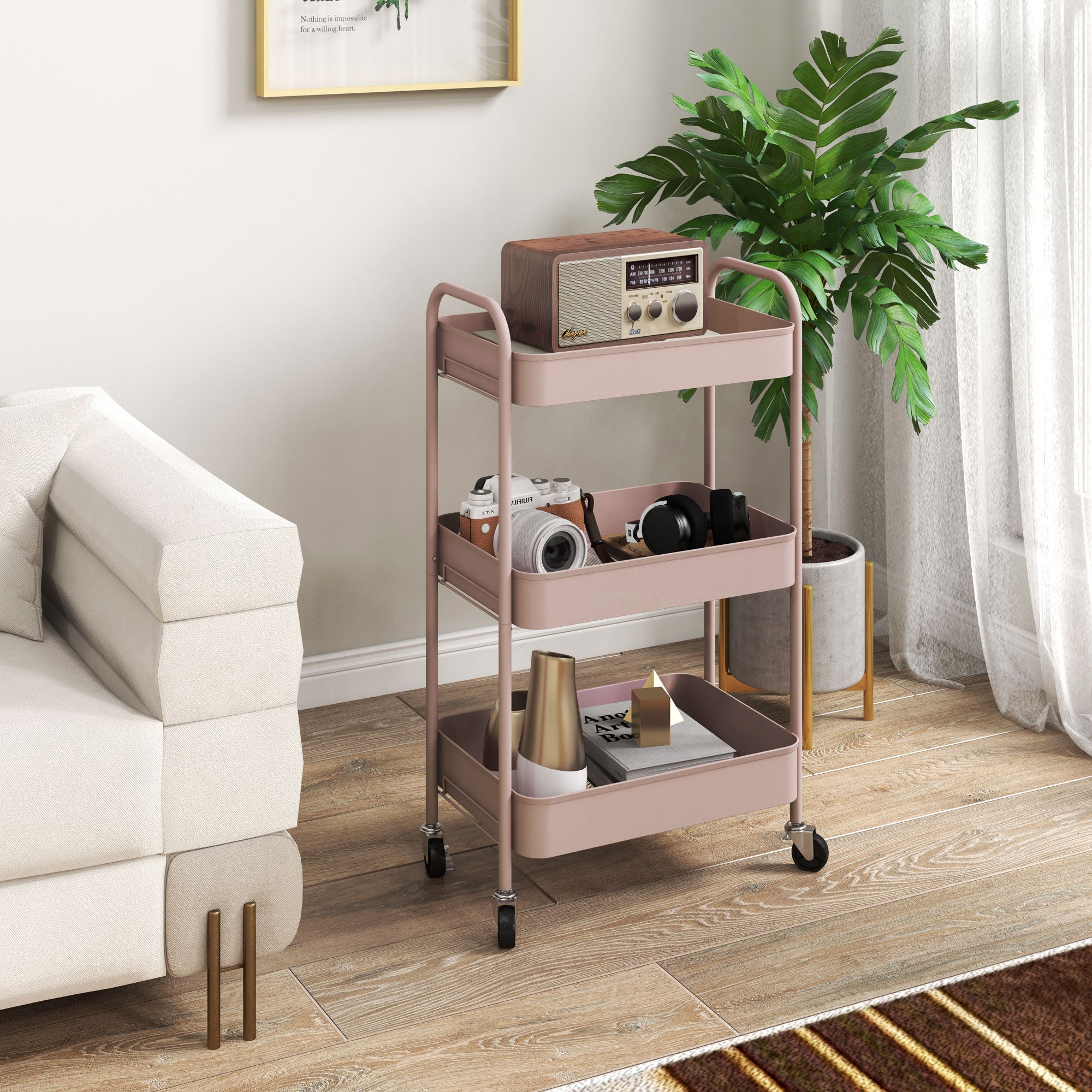 HOMCOM Three-Tier Steel Storage Trolley - Pink - North Peak Garden Furniture