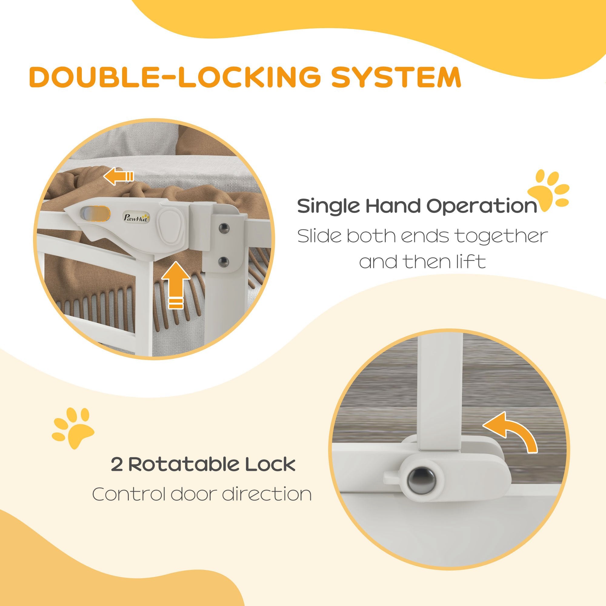 PawHut Pressure Fit Stair Gate, Dog Gate w/ Small Cat Door, Auto Closing System, Double Locking Openings, 74-80cm - White - North Peak Garden Furniture