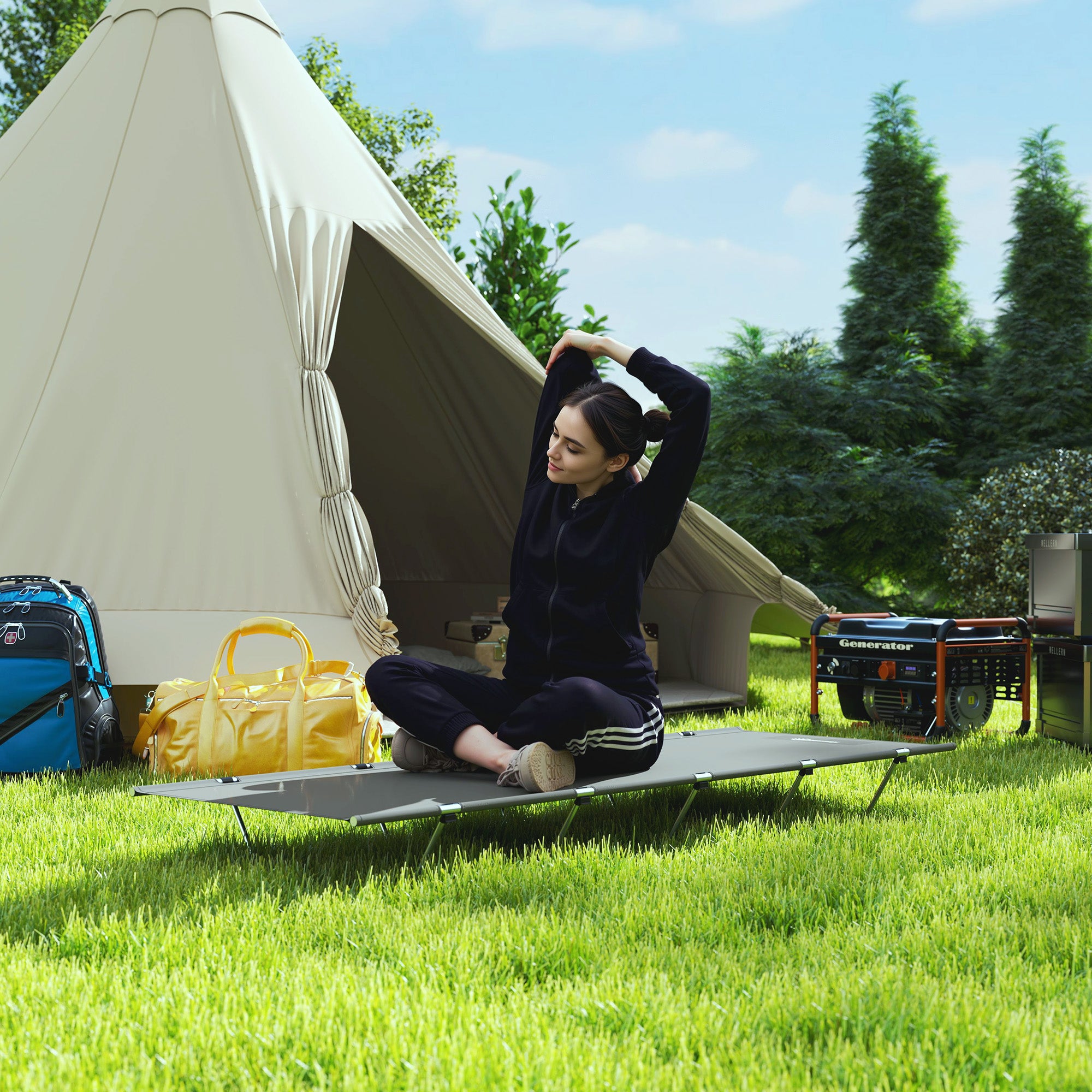 Outsunny Lightweight Camping Bed, Aluminium Portable Camp Cot w/ Strong Support 150kg and Carry Bag for Camping, Dark Grey - North Peak Garden Furniture