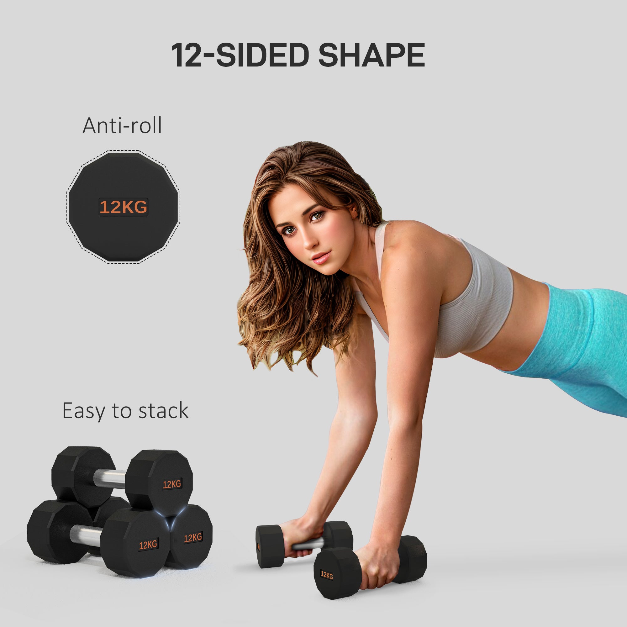SPORTNOW 2 x 12kg Dumbbells Weights Set with 12-Sided Shape and Non-Slip Grip for Men Women Home Gym Workout - North Peak Garden Furniture