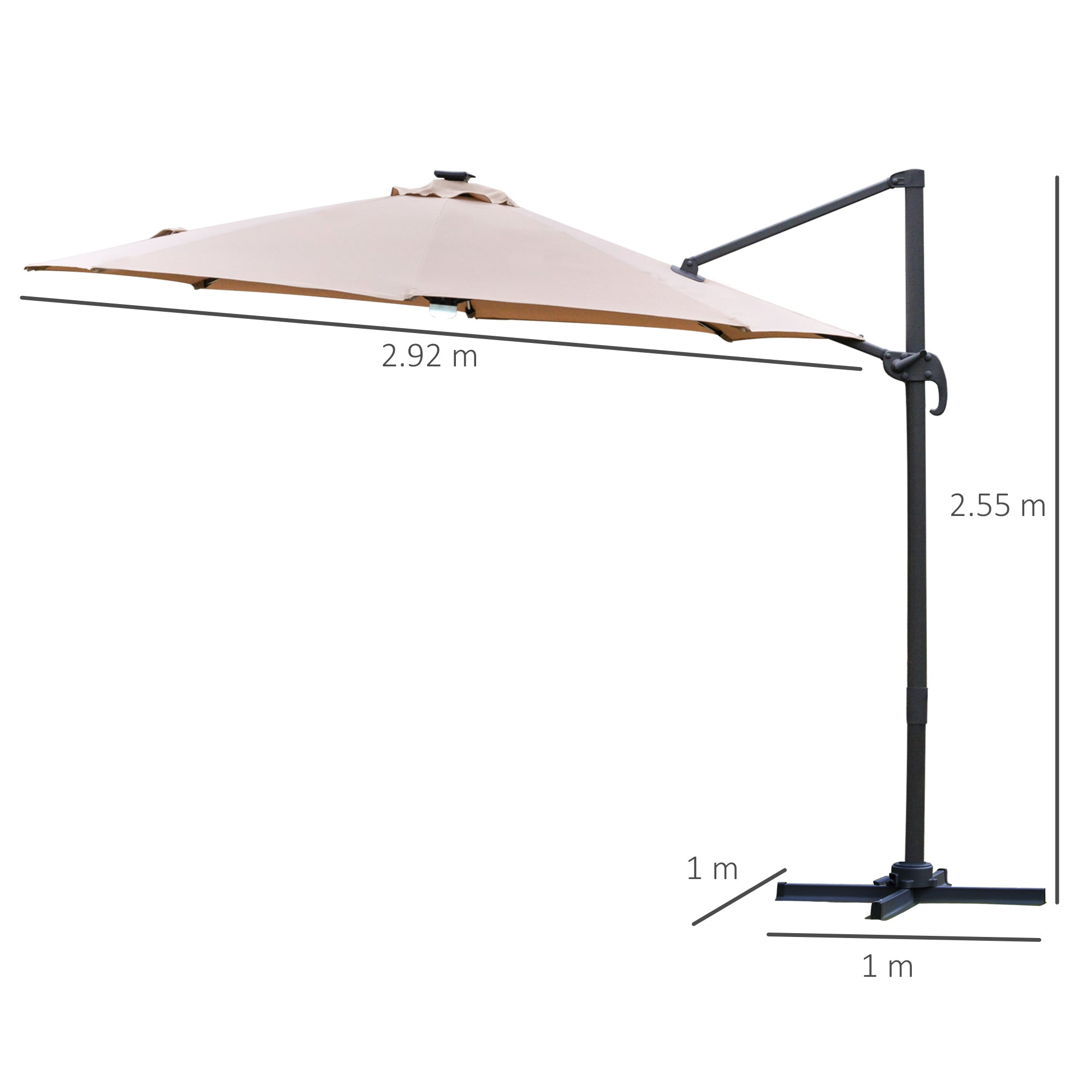 Outsunny 3(m) LED Cantilever Parasol Outdoor Sun Umbrella w/ Base Solar Lights Brown - North Peak Garden Furniture