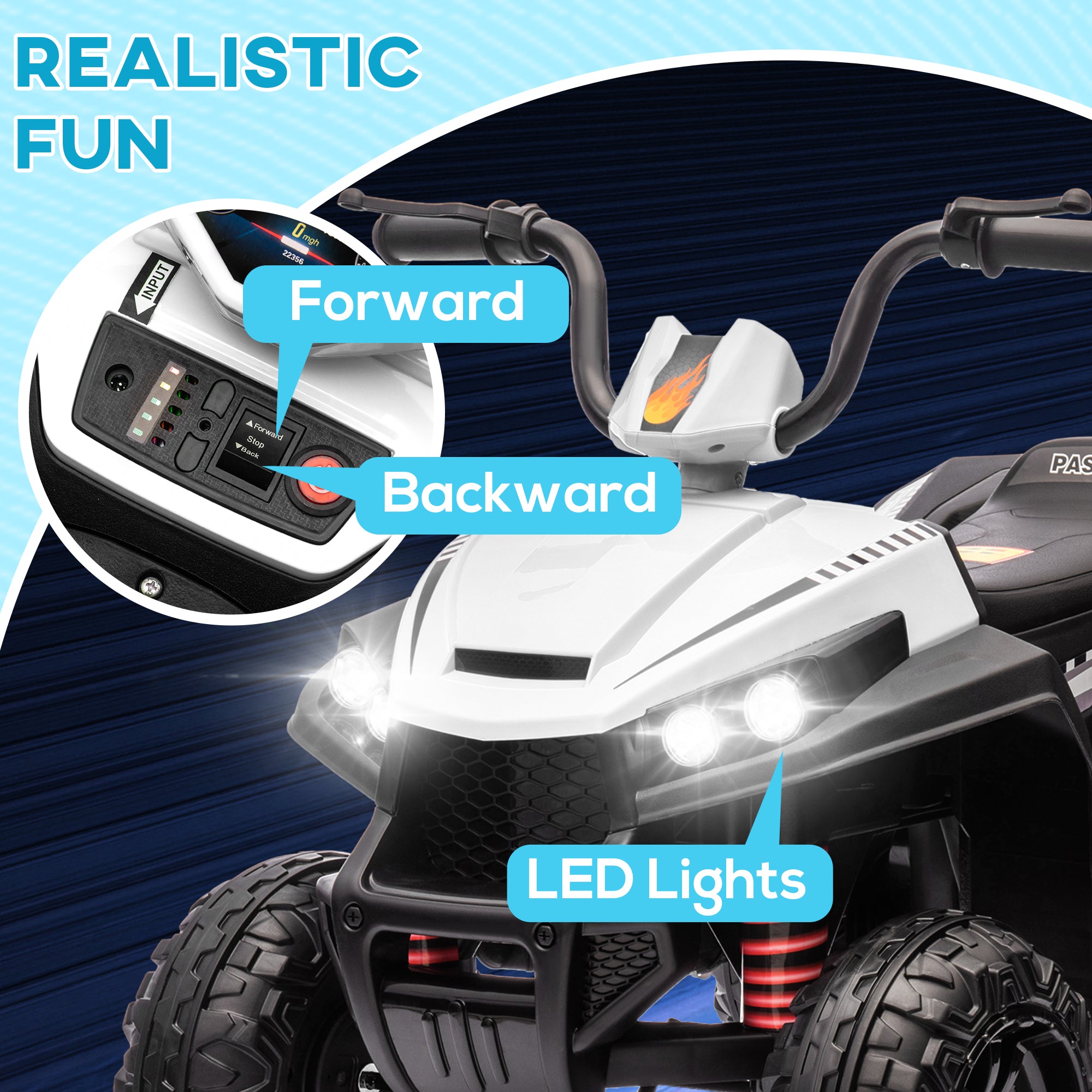 AIYAPLAY 12V Kids Electric Quad Bike w/ Spring Suspension System, Forward & Backward, LED Light, Music, MP3, White - North Peak Garden Furniture