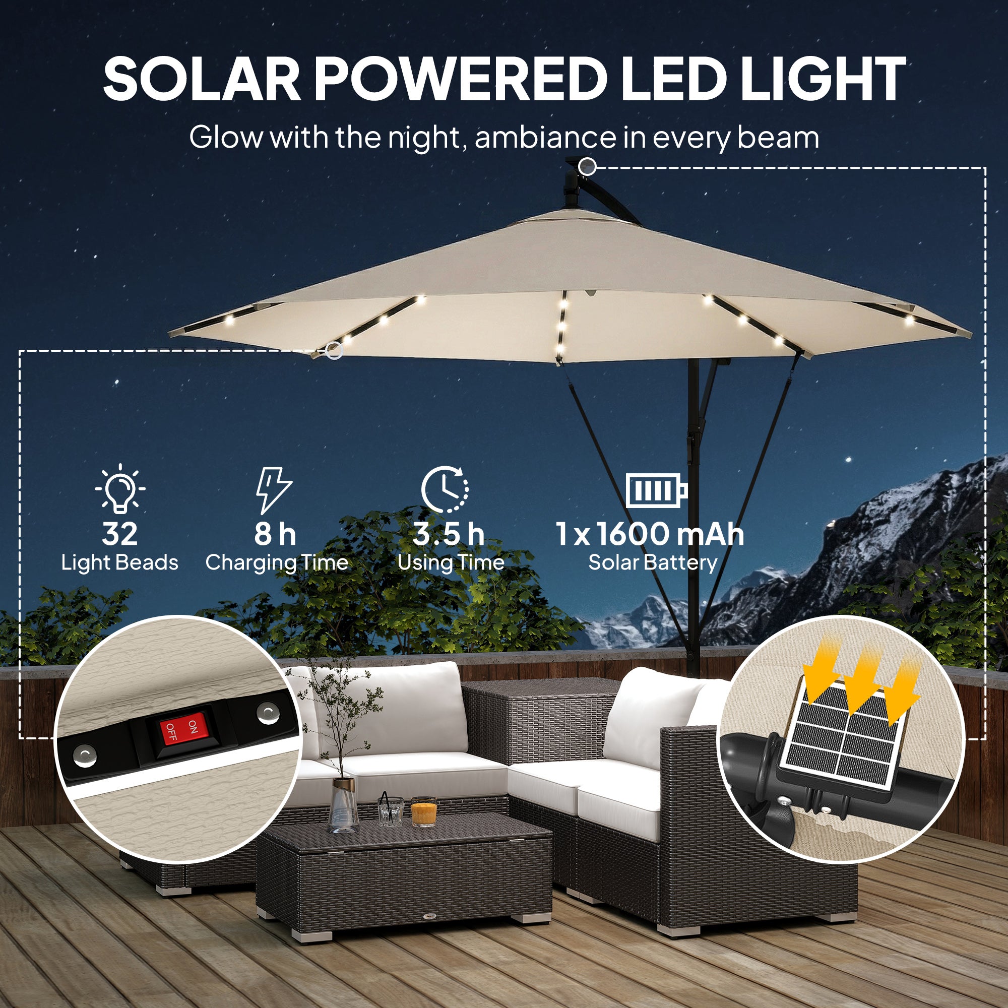 Outsunny 3 m Cantilever Parasol with Solar LED Lights Garden Umbrella with Cross Base, Cream White