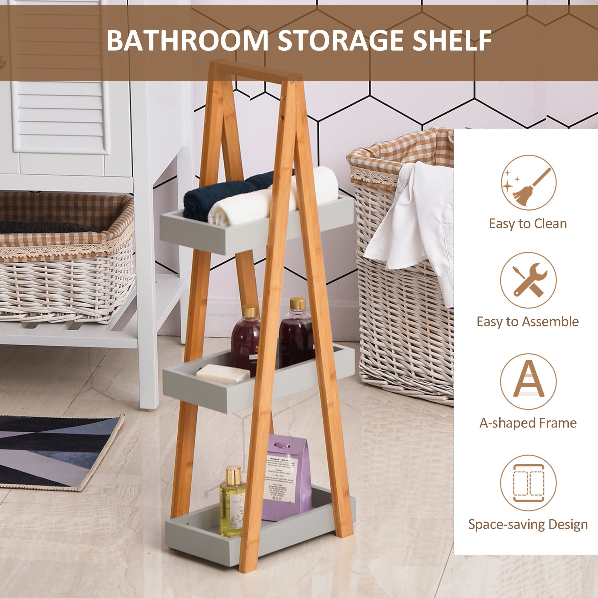 kleankin Bathroom Storage Shelves, 3-Tier Slim Shelving Unit, Freestanding Bamboo Shelf Unit, A Frame Space Saver Toilet Rack, Natural