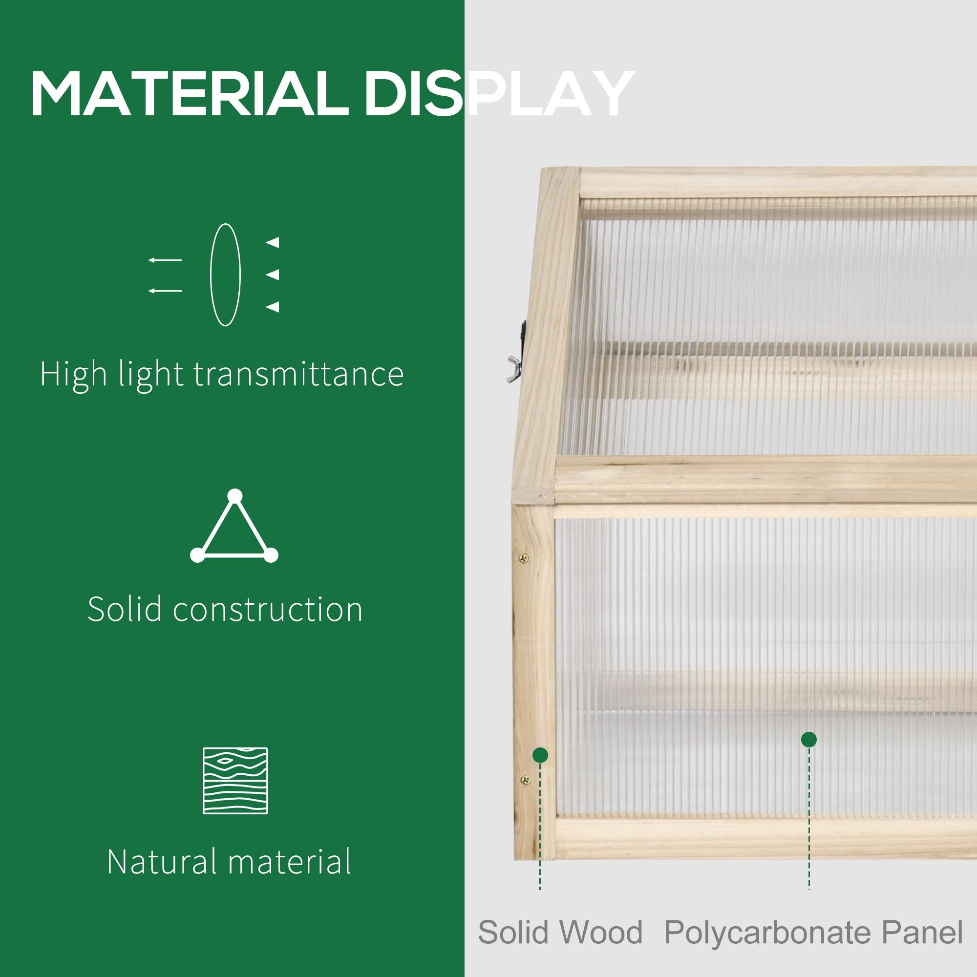 Outsunny Polycarbonate Cold Frame Greenhouse, Wooden Grow House with Top Opening for Flowers, Vegetables, 90 x 52 x 50 cm, Natural | Aosom UK