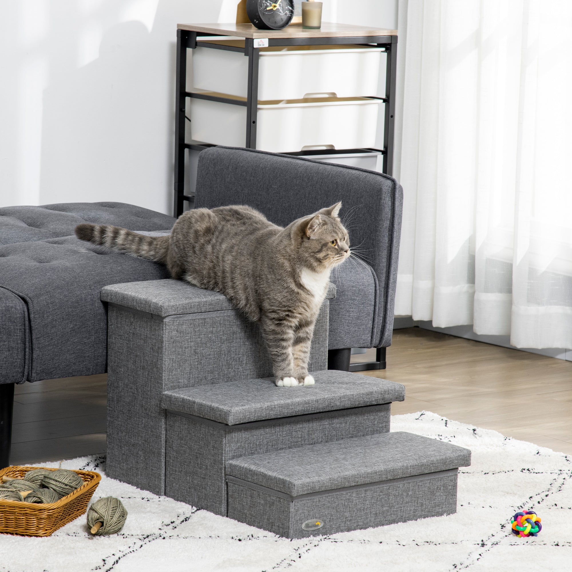 PawHut 3 Steps Pet Stairs, with Storage Boxes, for Bed, Couches - Grey