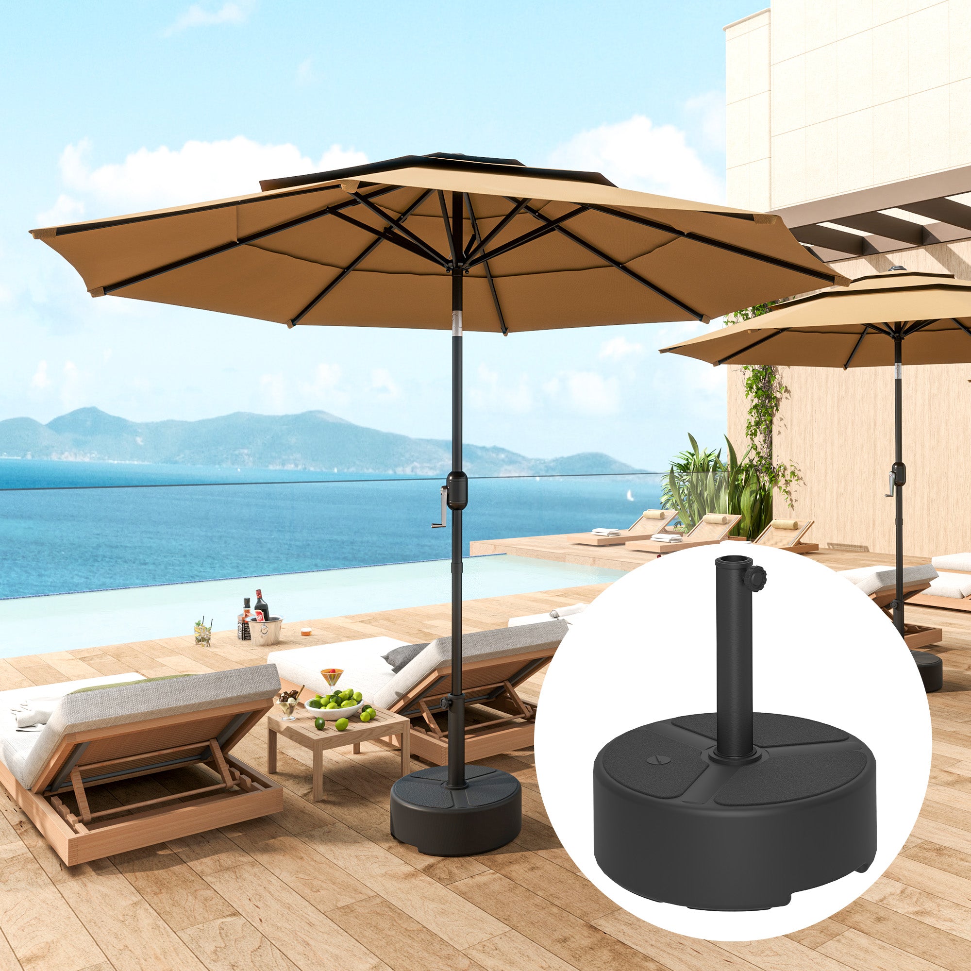 Outsunny Round Garden Parasol Base, Garden Umbrella Stand Heavy Duty Parasol Base, Filled Up to 20kg with Stand or 18kg with Water for 38, 48 mm Poles, Black - North Peak Garden Furniture