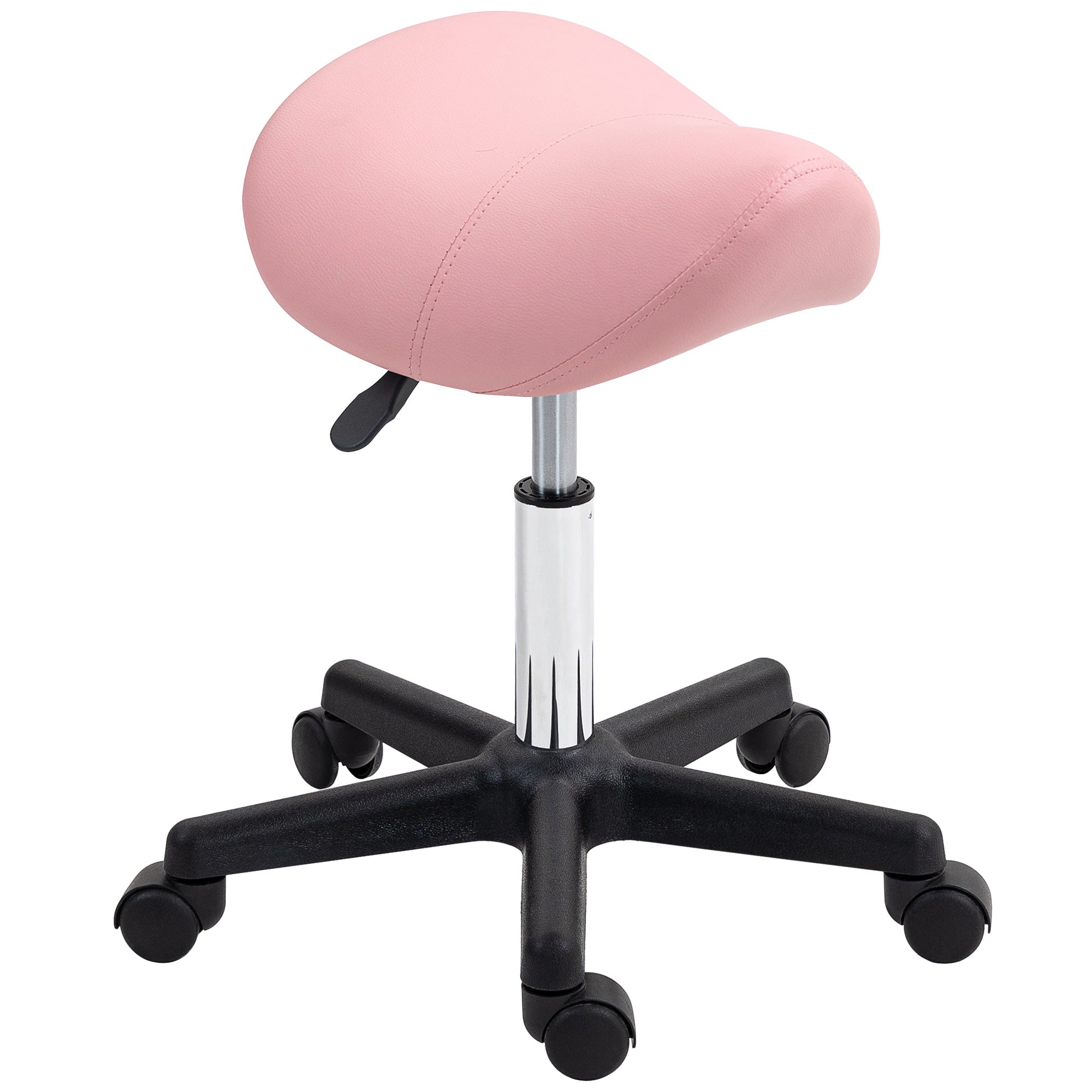 HOMCOM Saddle Stool, PU Leather Adjustable Rolling Salon Chair with Steel Frame for Massage, Spa, Beauty and Tattoo, Pink - North Peak Garden Furniture